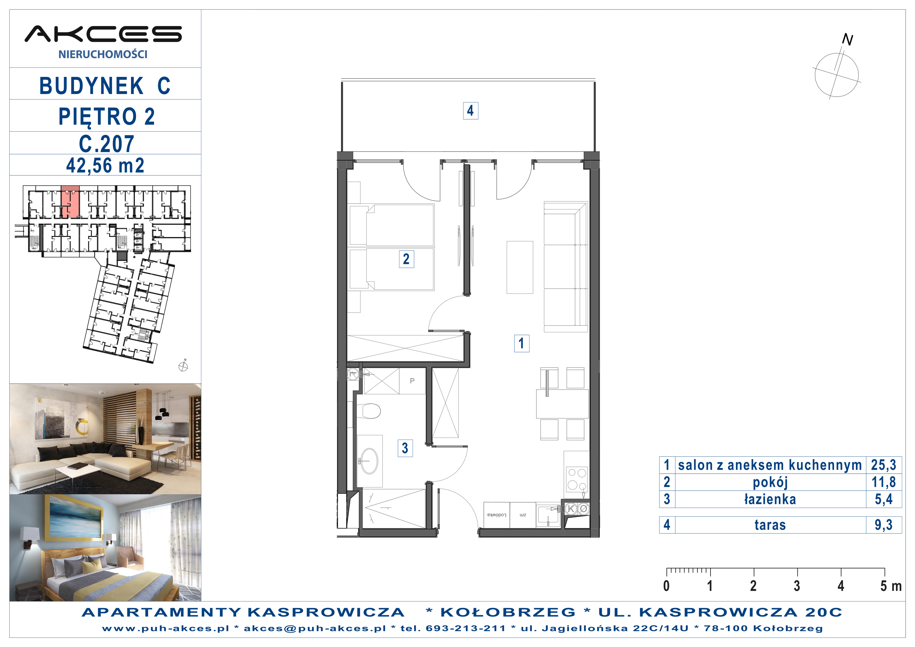 Apartament 42,56 m², piętro 2, oferta nr 207.C, Apartamenty Kasprowicza - 400 m od morza, Kołobrzeg, Osiedle Nr 7 Ogrody, ul. Kasprowicza 20C-idx