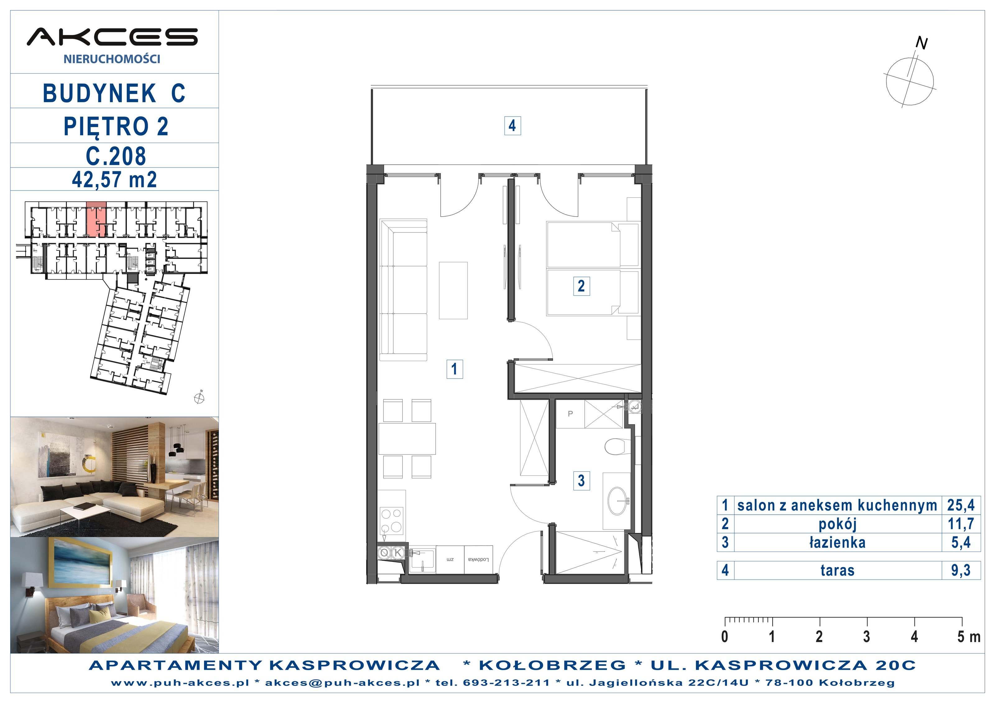 Apartament 42,57 m², piętro 2, oferta nr 208.C, Apartamenty Kasprowicza - 400 m od morza, Kołobrzeg, Osiedle Nr 7 Ogrody, ul. Kasprowicza 20C-idx