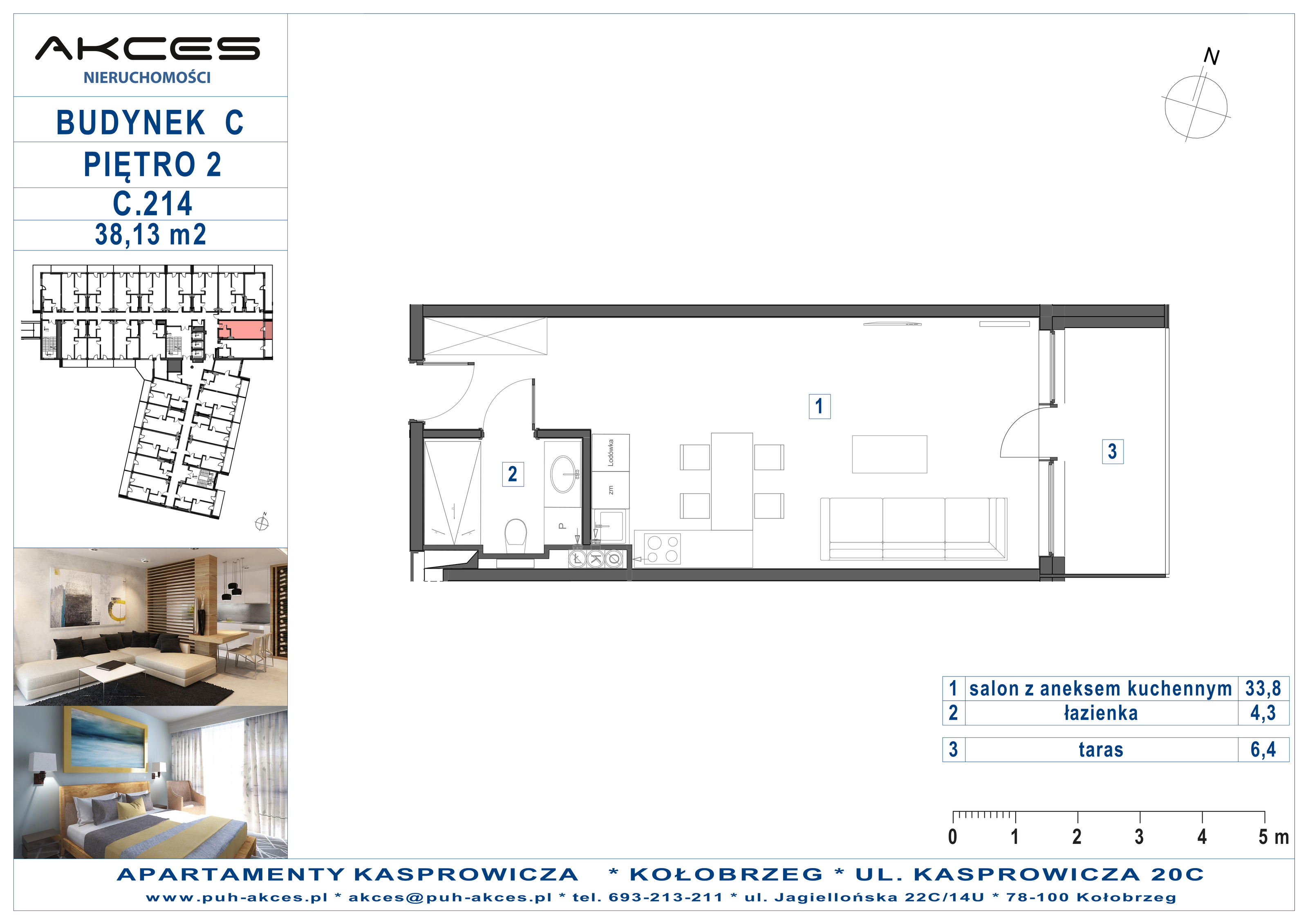 Apartament 38,13 m², piętro 2, oferta nr 214.C, Apartamenty Kasprowicza - 400 m od morza, Kołobrzeg, Osiedle Nr 7 Ogrody, ul. Kasprowicza 20C-idx