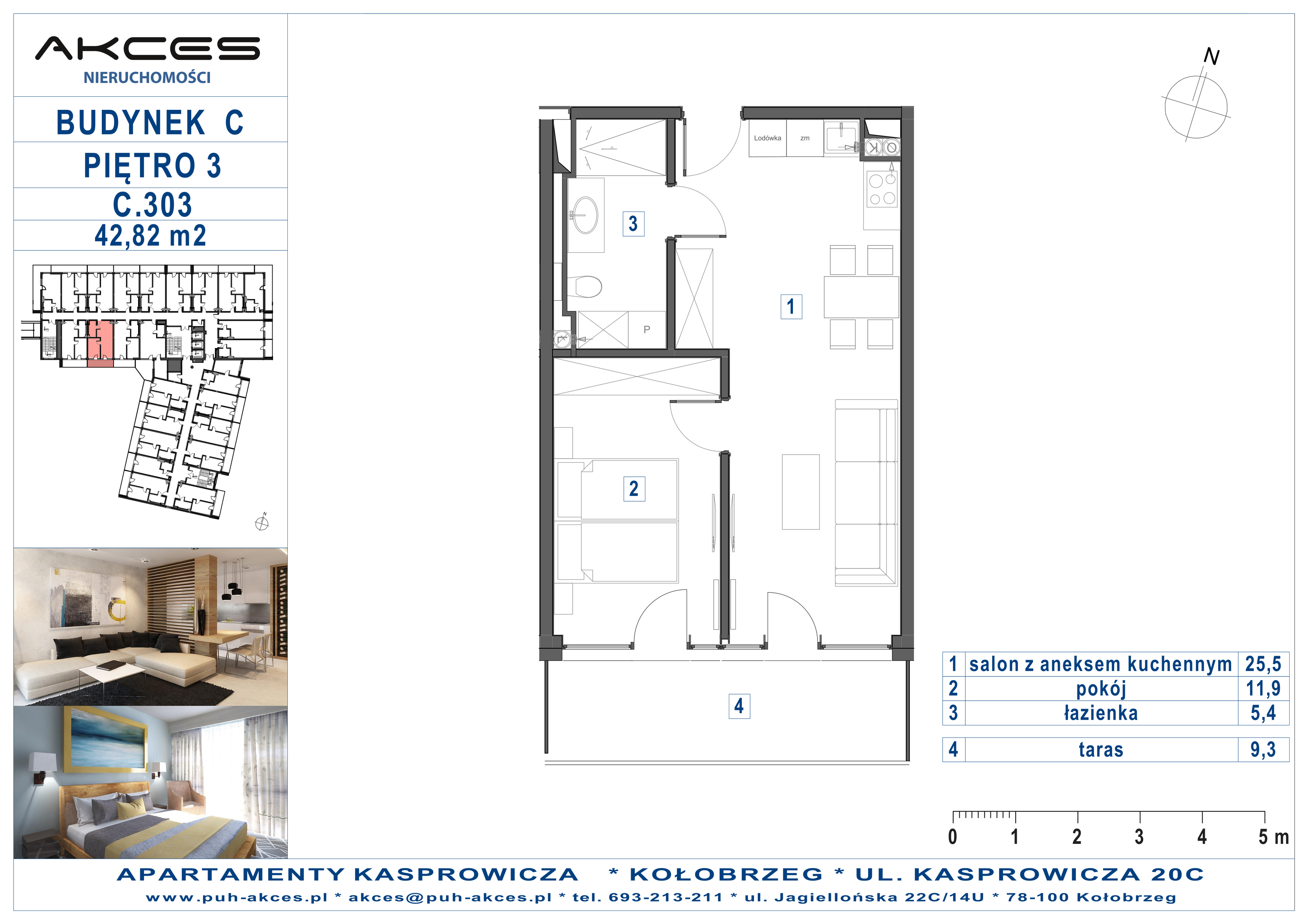 Apartament 42,82 m², piętro 3, oferta nr 303.C, Apartamenty Kasprowicza - 400 m od morza, Kołobrzeg, Osiedle Nr 7 Ogrody, ul. Kasprowicza 20C-idx