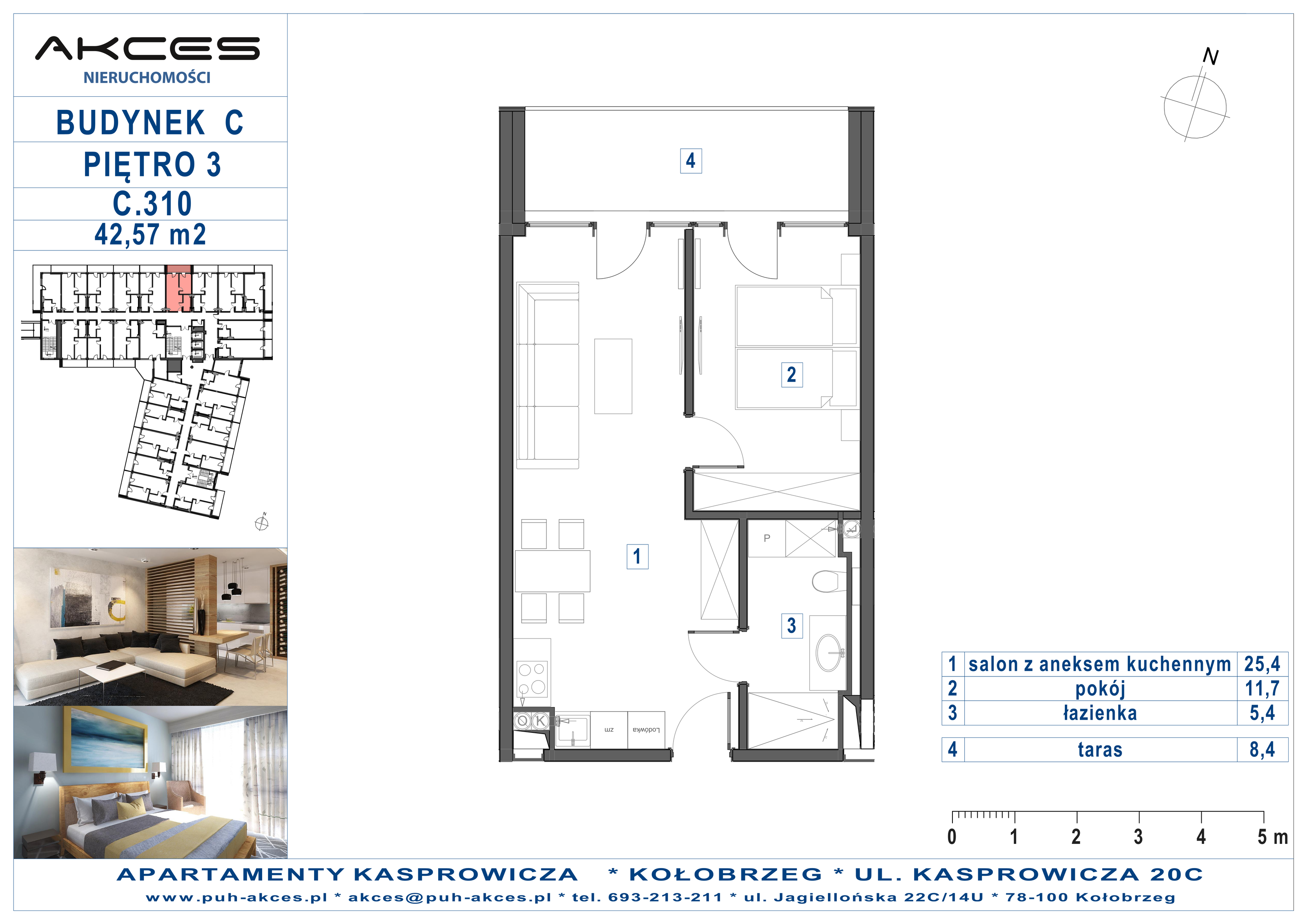 Apartament 42,57 m², piętro 3, oferta nr 310.C, Apartamenty Kasprowicza - 400 m od morza, Kołobrzeg, Osiedle Nr 7 Ogrody, ul. Kasprowicza 20C-idx