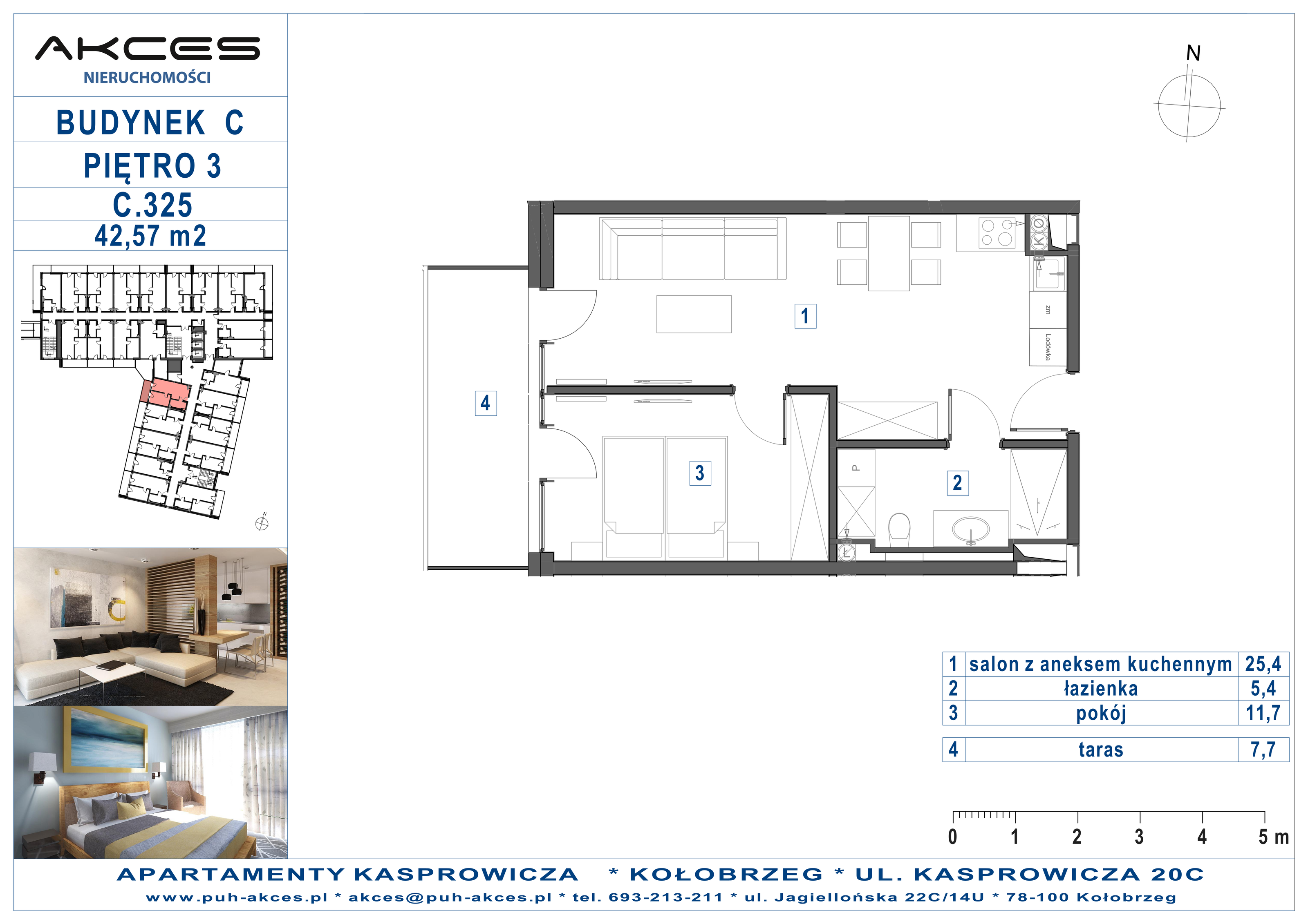 Apartament 42,57 m², piętro 3, oferta nr 325.C, Apartamenty Kasprowicza - 400 m od morza, Kołobrzeg, Osiedle Nr 7 Ogrody, ul. Kasprowicza 20C-idx