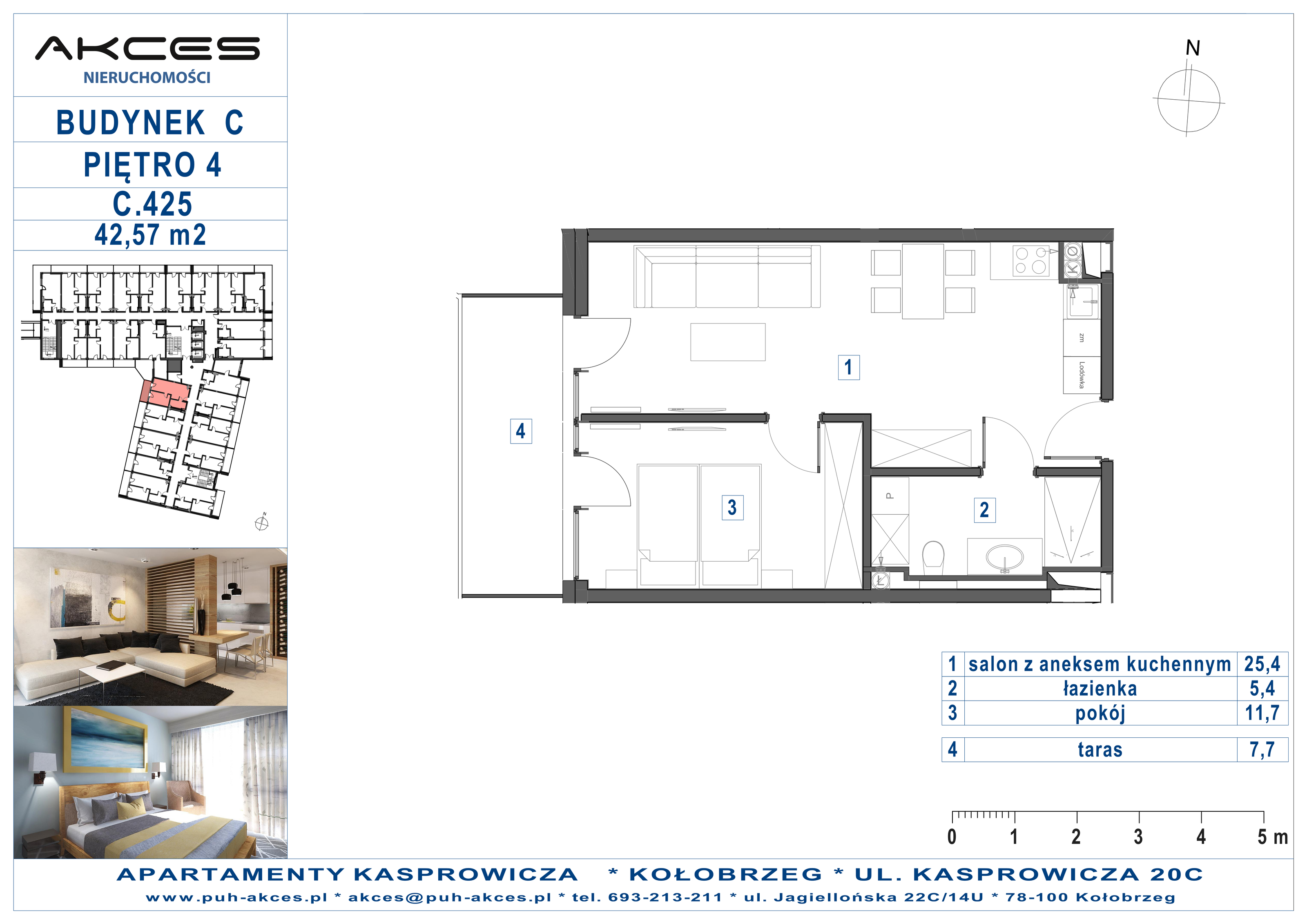 Apartament 42,57 m², piętro 4, oferta nr 425.C, Apartamenty Kasprowicza - 400 m od morza, Kołobrzeg, Osiedle Nr 7 Ogrody, ul. Kasprowicza 20C-idx