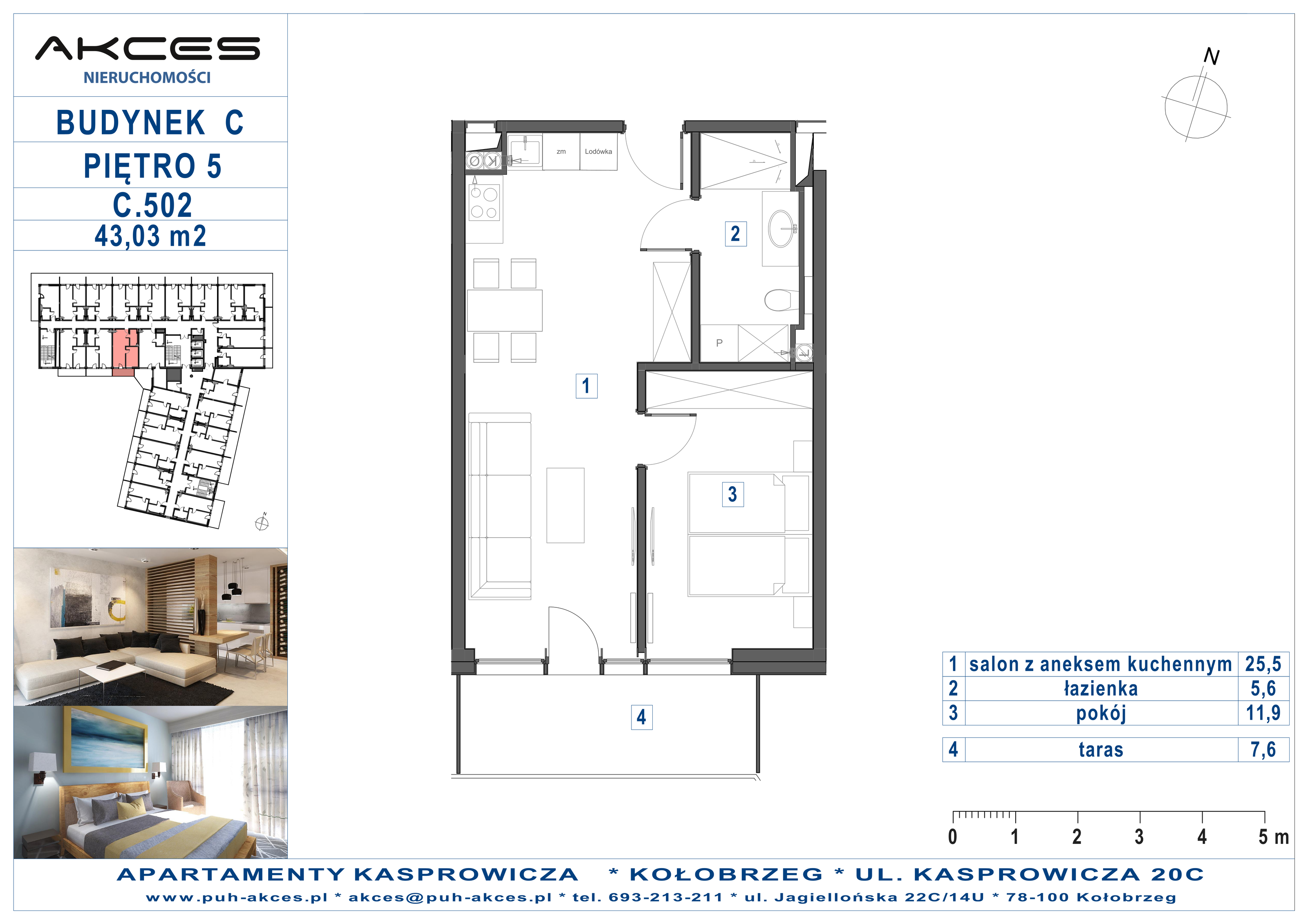 Apartament 43,03 m², piętro 5, oferta nr 502.C, Apartamenty Kasprowicza - 400 m od morza, Kołobrzeg, Osiedle Nr 7 Ogrody, ul. Kasprowicza 20C-idx