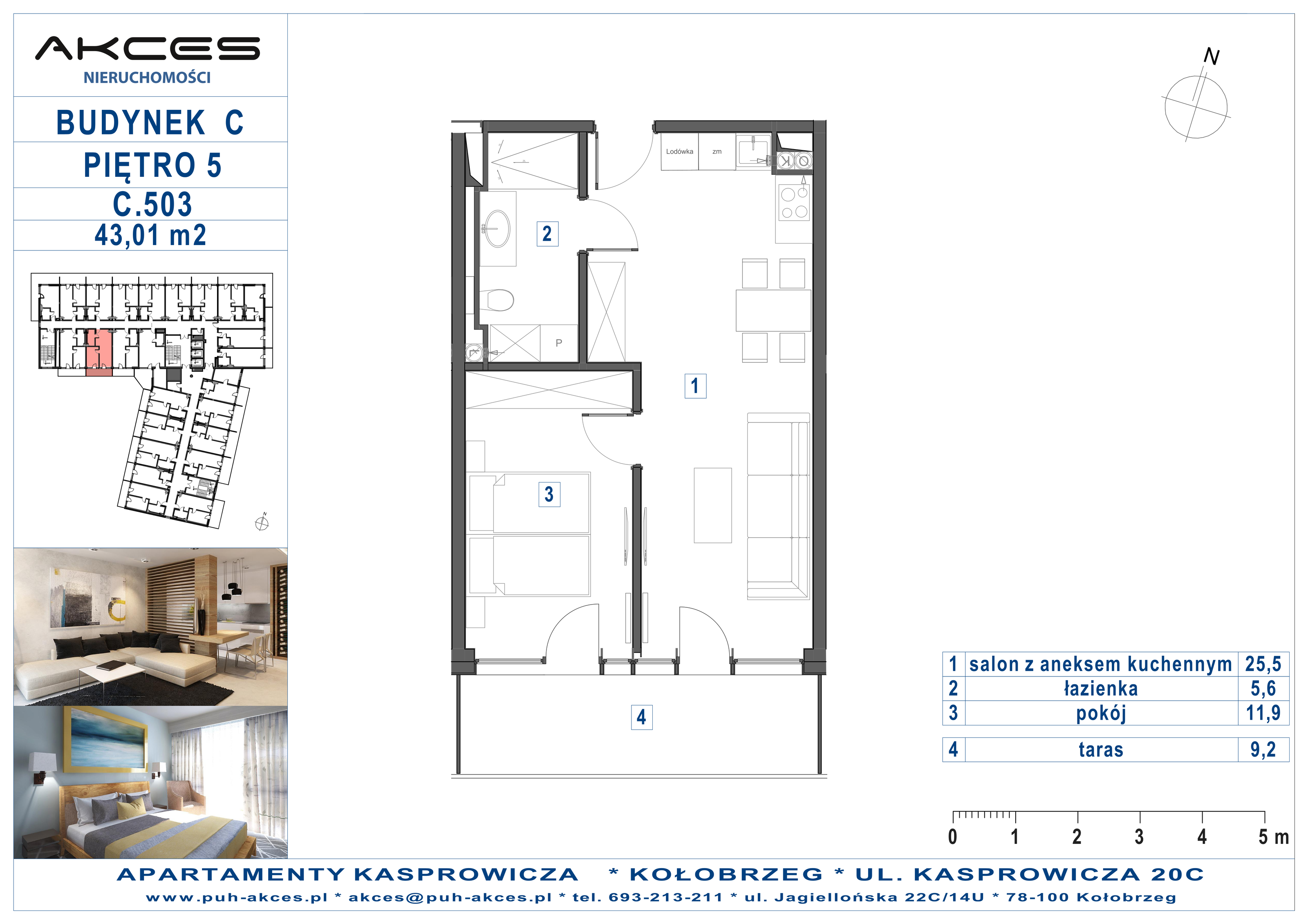 Apartament 43,01 m², piętro 5, oferta nr 503.C, Apartamenty Kasprowicza - 400 m od morza, Kołobrzeg, Osiedle Nr 7 Ogrody, ul. Kasprowicza 20C-idx