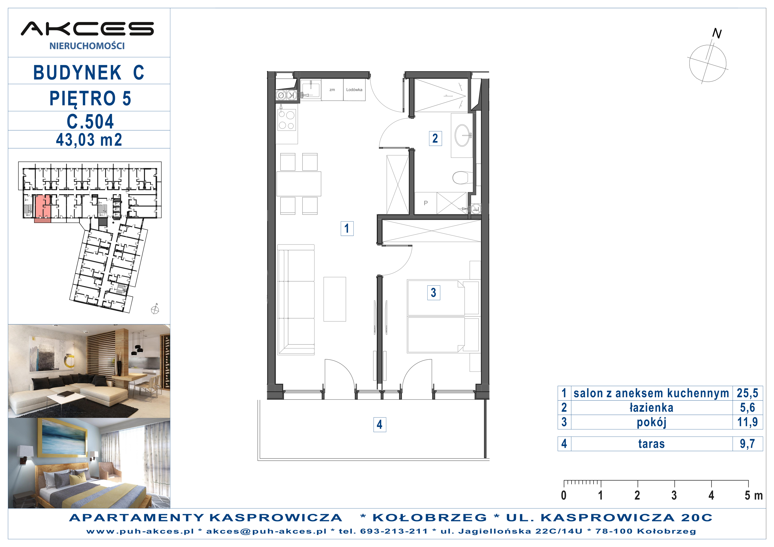 Apartament 43,03 m², piętro 5, oferta nr 504.C, Apartamenty Kasprowicza - 400 m od morza, Kołobrzeg, Osiedle Nr 7 Ogrody, ul. Kasprowicza 20C-idx