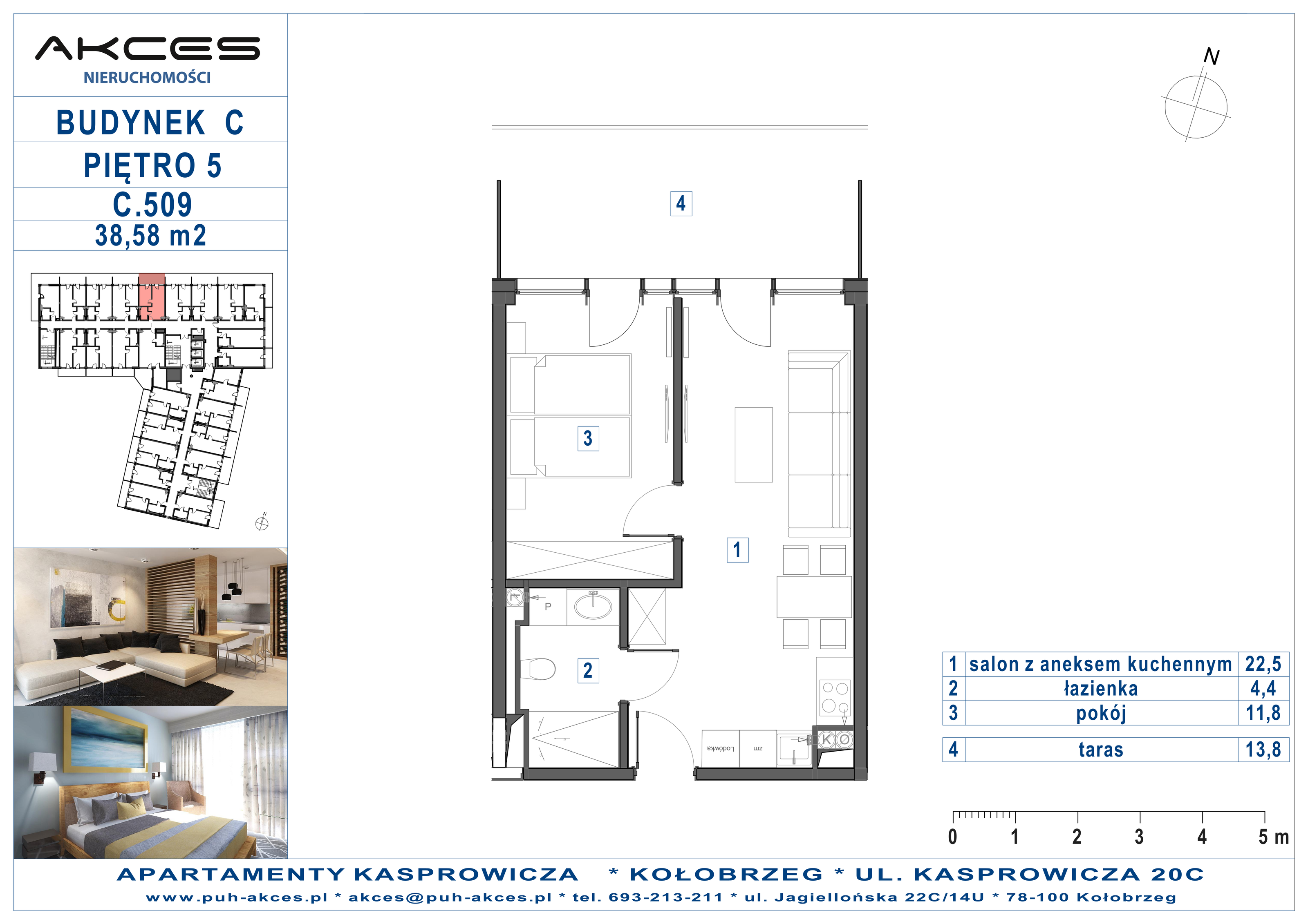 Apartament 38,58 m², piętro 5, oferta nr 509.C, Apartamenty Kasprowicza - 400 m od morza, Kołobrzeg, Osiedle Nr 7 Ogrody, ul. Kasprowicza 20C-idx