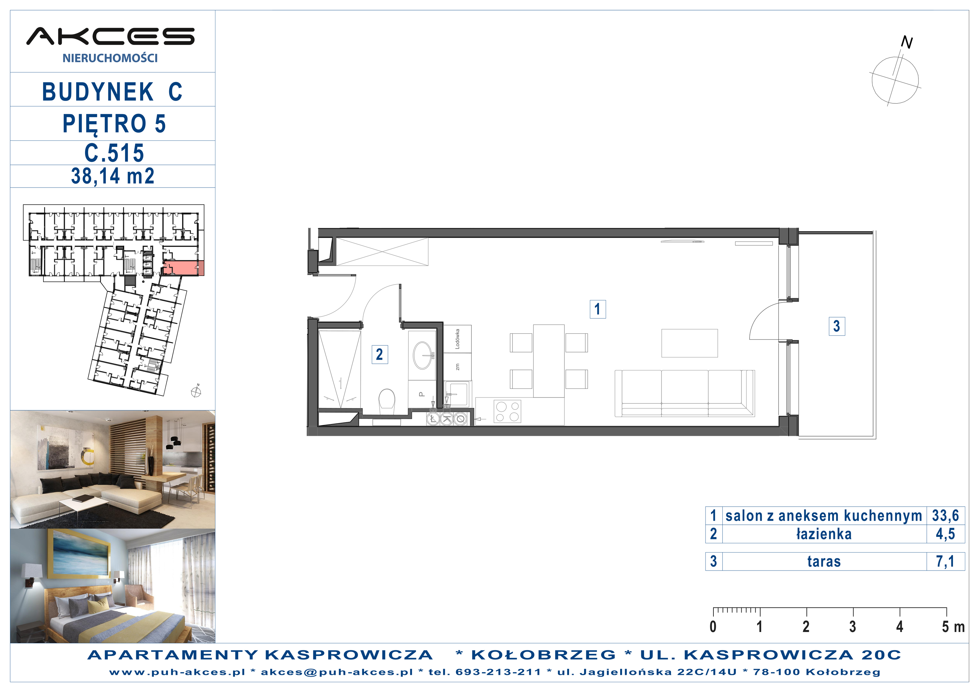 Apartament 38,14 m², piętro 5, oferta nr 515.C, Apartamenty Kasprowicza - 400 m od morza, Kołobrzeg, Osiedle Nr 7 Ogrody, ul. Kasprowicza 20C-idx