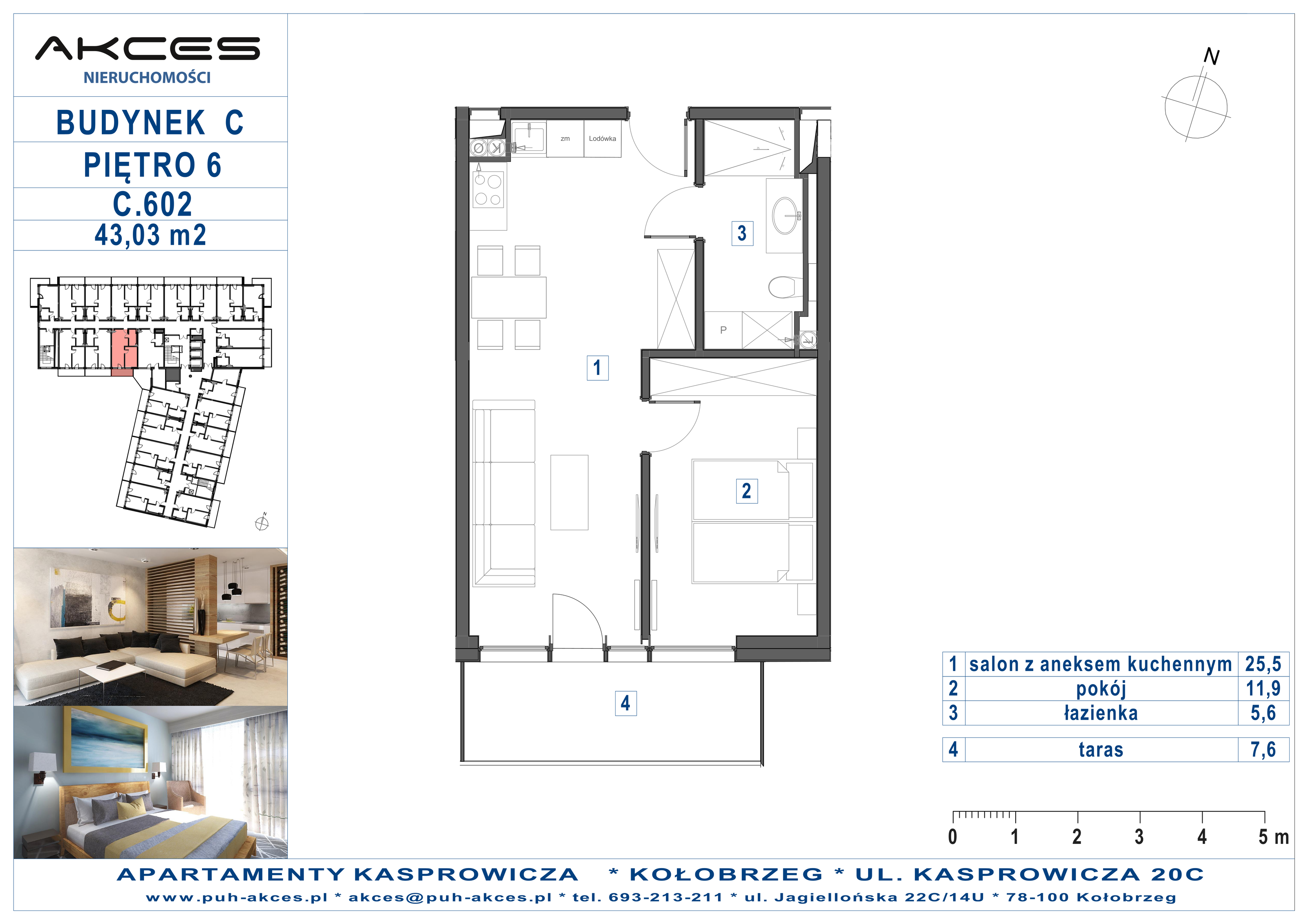 Apartament 43,03 m², piętro 6, oferta nr 602.C, Apartamenty Kasprowicza - 400 m od morza, Kołobrzeg, Osiedle Nr 7 Ogrody, ul. Kasprowicza 20C-idx