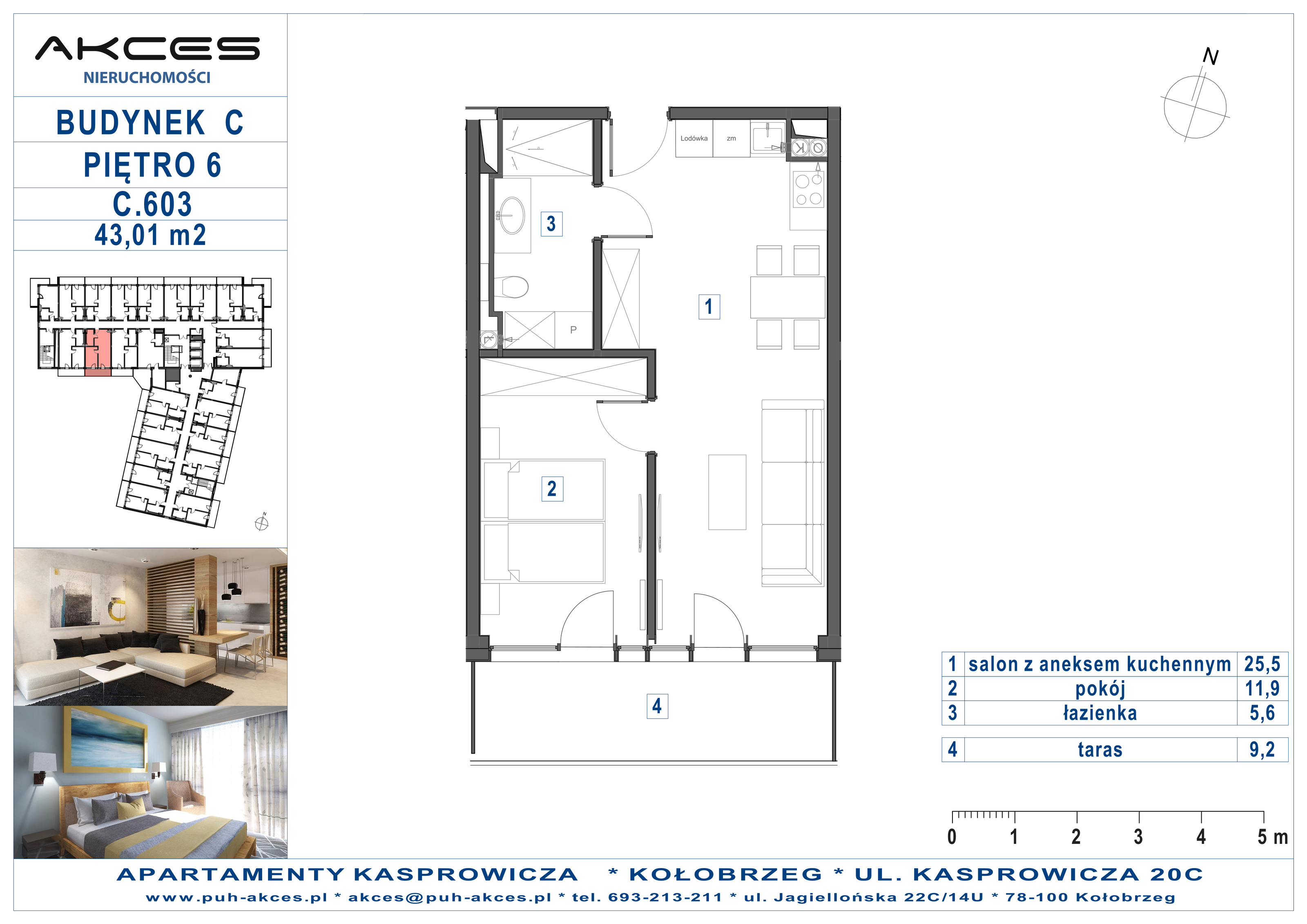 Apartament 43,01 m², piętro 6, oferta nr 603.C, Apartamenty Kasprowicza - 400 m od morza, Kołobrzeg, Osiedle Nr 7 Ogrody, ul. Kasprowicza 20C-idx