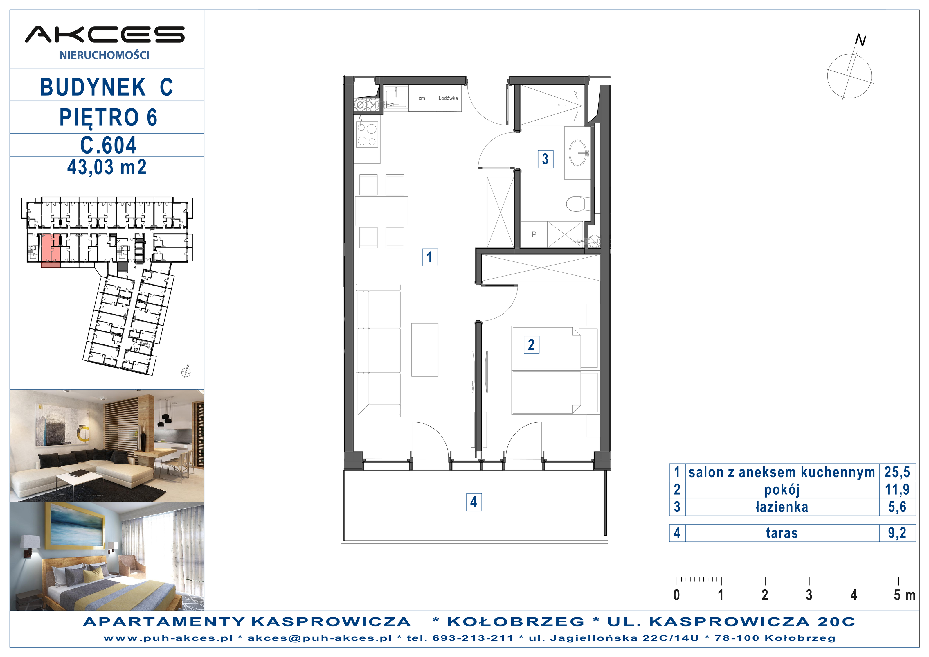 Apartament 43,03 m², piętro 6, oferta nr 604.C, Apartamenty Kasprowicza - 400 m od morza, Kołobrzeg, Osiedle Nr 7 Ogrody, ul. Kasprowicza 20C-idx