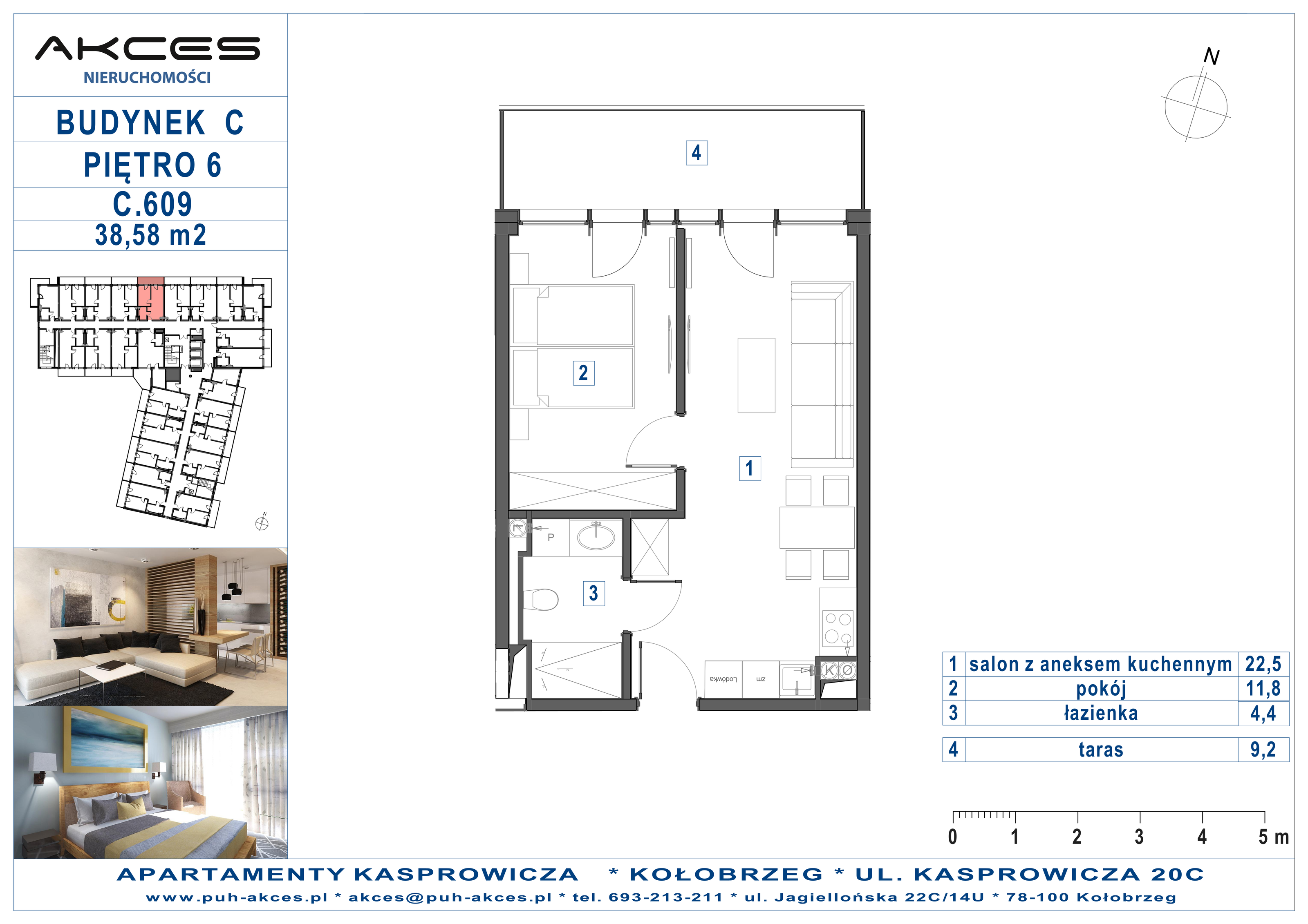 Apartament 38,58 m², piętro 6, oferta nr 609.C, Apartamenty Kasprowicza - 400 m od morza, Kołobrzeg, Osiedle Nr 7 Ogrody, ul. Kasprowicza 20C-idx