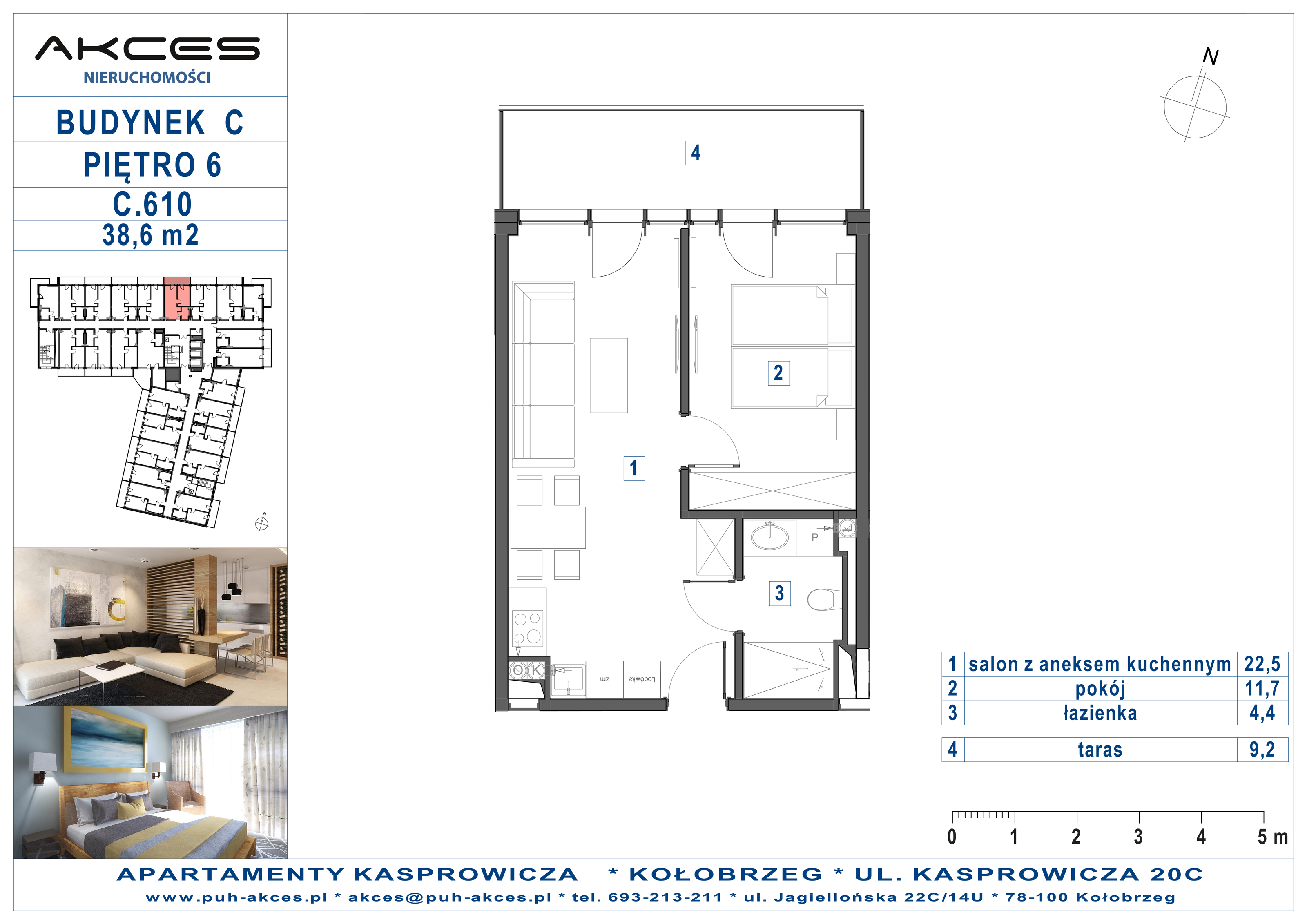 Apartament 38,60 m², piętro 6, oferta nr 610.C, Apartamenty Kasprowicza - 400 m od morza, Kołobrzeg, Osiedle Nr 7 Ogrody, ul. Kasprowicza 20C-idx