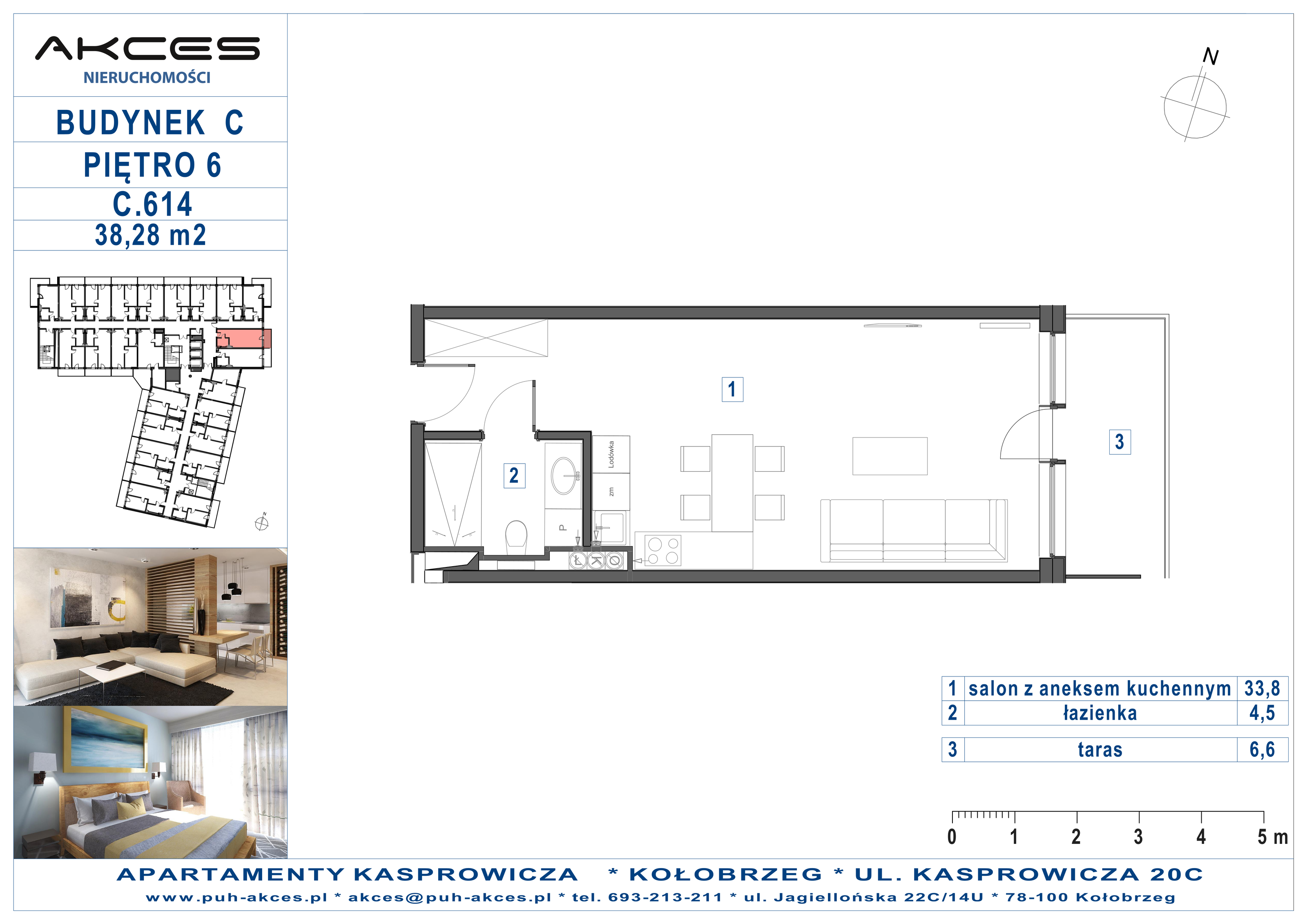 Apartament 38,28 m², piętro 6, oferta nr 614.C, Apartamenty Kasprowicza - 400 m od morza, Kołobrzeg, Osiedle Nr 7 Ogrody, ul. Kasprowicza 20C-idx