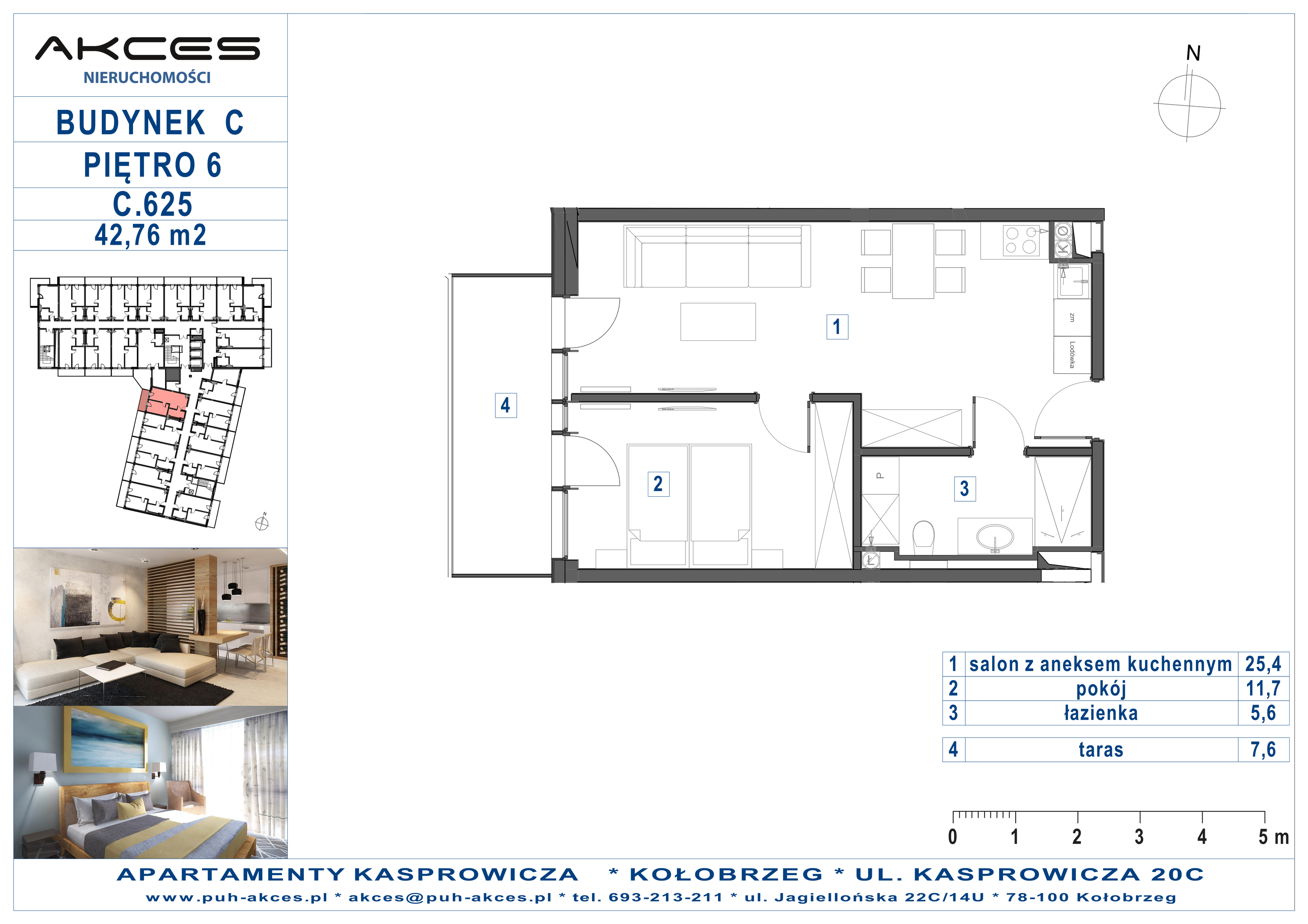 Apartament 42,76 m², piętro 6, oferta nr 625.C, Apartamenty Kasprowicza - 400 m od morza, Kołobrzeg, Osiedle Nr 7 Ogrody, ul. Kasprowicza 20C-idx