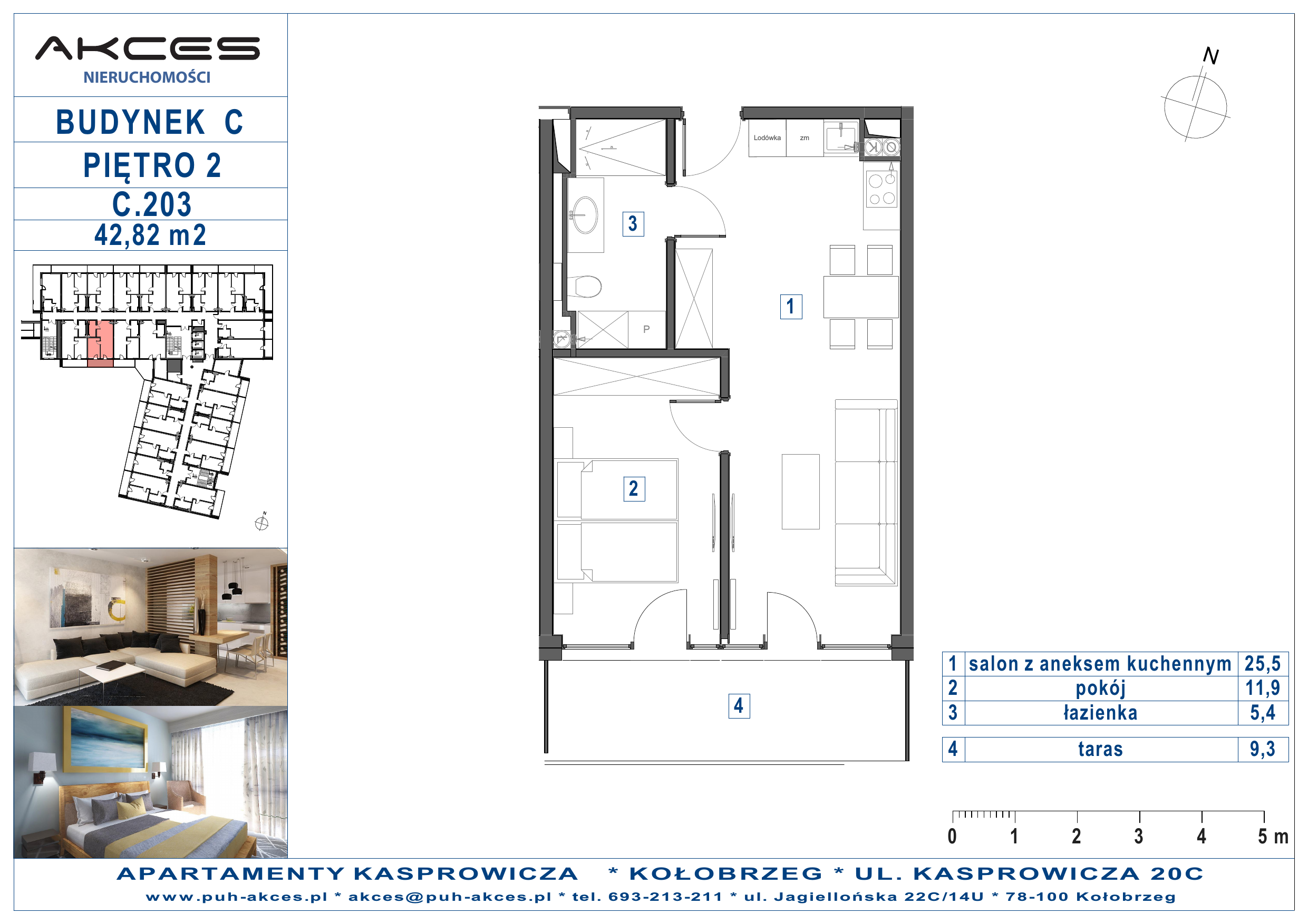 Apartament 42,82 m², piętro 2, oferta nr 203.C, Apartamenty Kasprowicza - 400 m od morza, Kołobrzeg, Osiedle Nr 7 Ogrody, ul. Kasprowicza 20C-idx