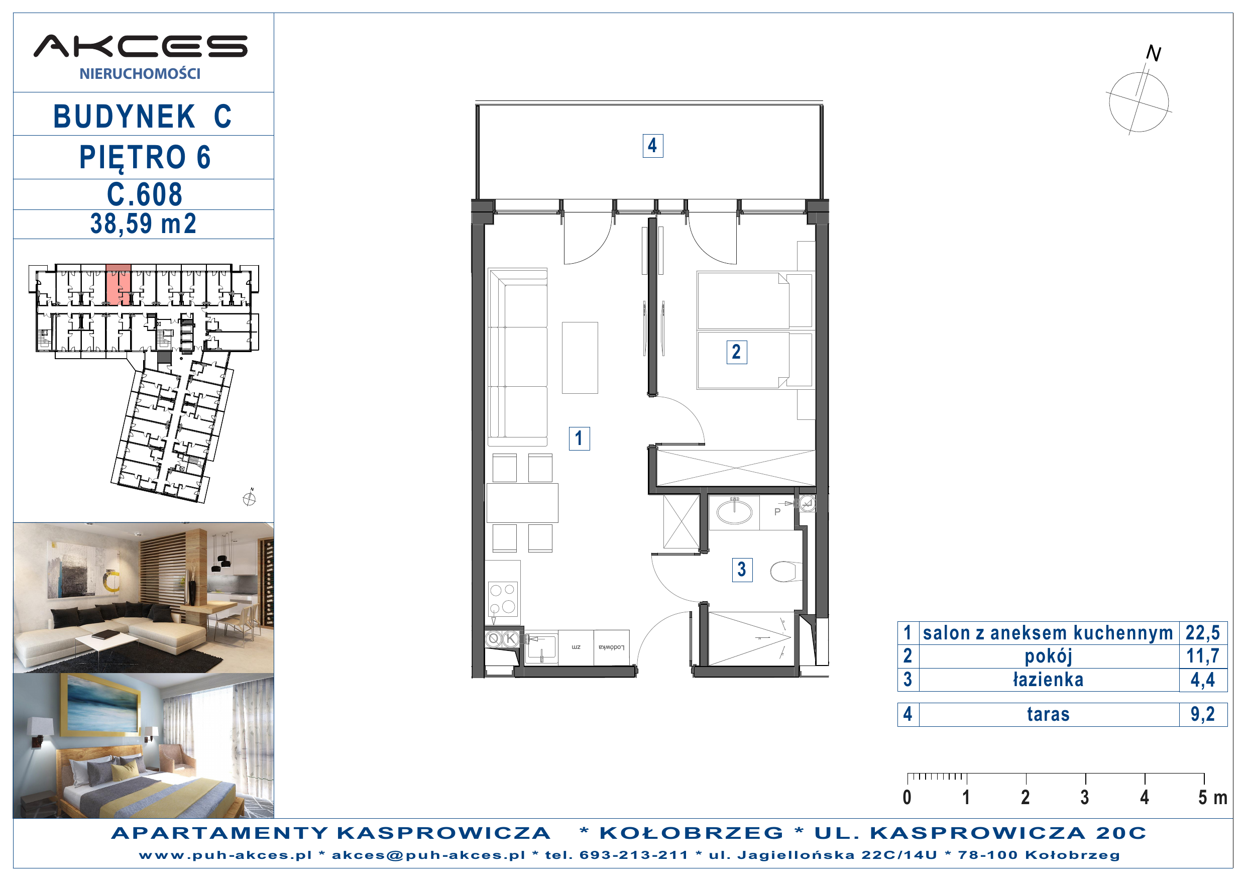 Apartament 38,59 m², piętro 6, oferta nr 608.C, Apartamenty Kasprowicza - 400 m od morza, Kołobrzeg, Osiedle Nr 7 Ogrody, ul. Kasprowicza 20C-idx