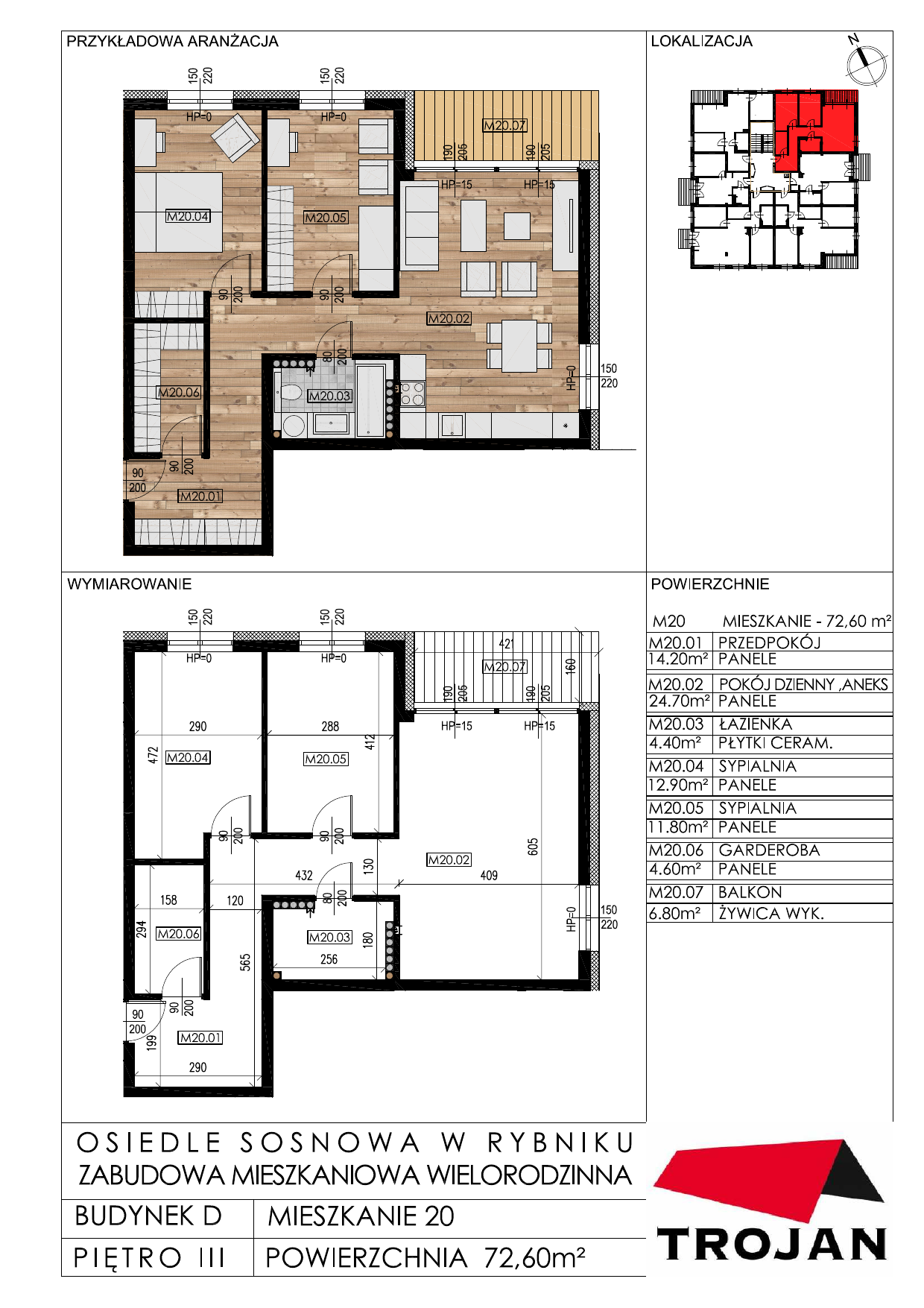 Mieszkanie 72,60 m², piętro 3, oferta nr D20, Osiedle Sosnowa, Rybnik, Paruszowiec-Piaski, ul. Sosnowa 20-idx