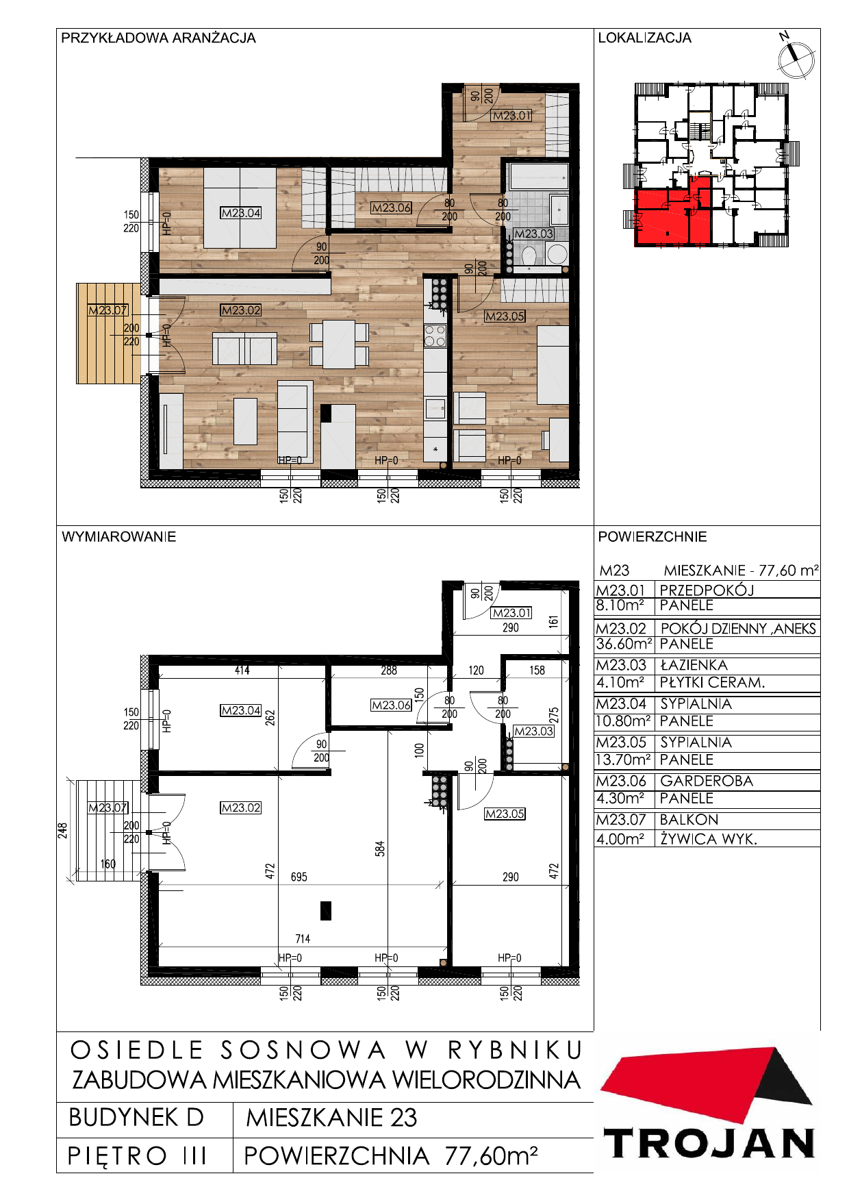 Mieszkanie 77,60 m², piętro 3, oferta nr D23, Osiedle Sosnowa, Rybnik, Paruszowiec-Piaski, ul. Sosnowa 20-idx