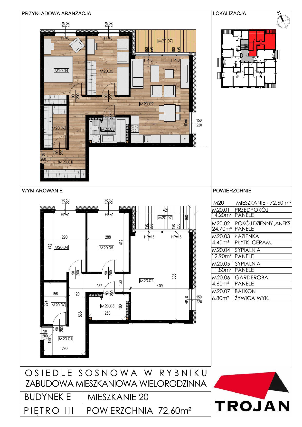 Mieszkanie 72,60 m², piętro 3, oferta nr E20, Osiedle Sosnowa, Rybnik, Paruszowiec-Piaski, ul. Sosnowa 20-idx