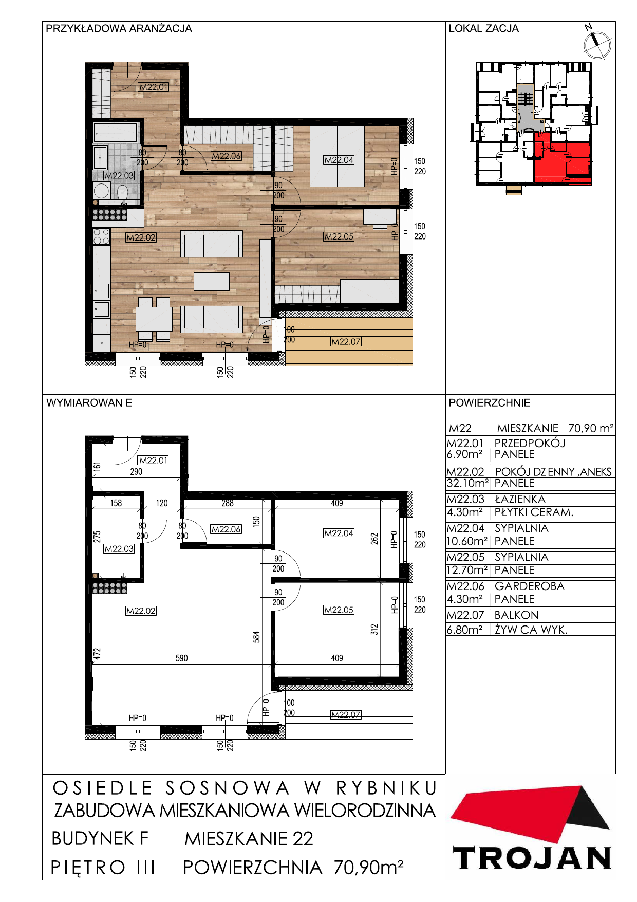 Mieszkanie 70,69 m², piętro 3, oferta nr F22, Osiedle Sosnowa, Rybnik, Paruszowiec-Piaski, ul. Sosnowa 20-idx