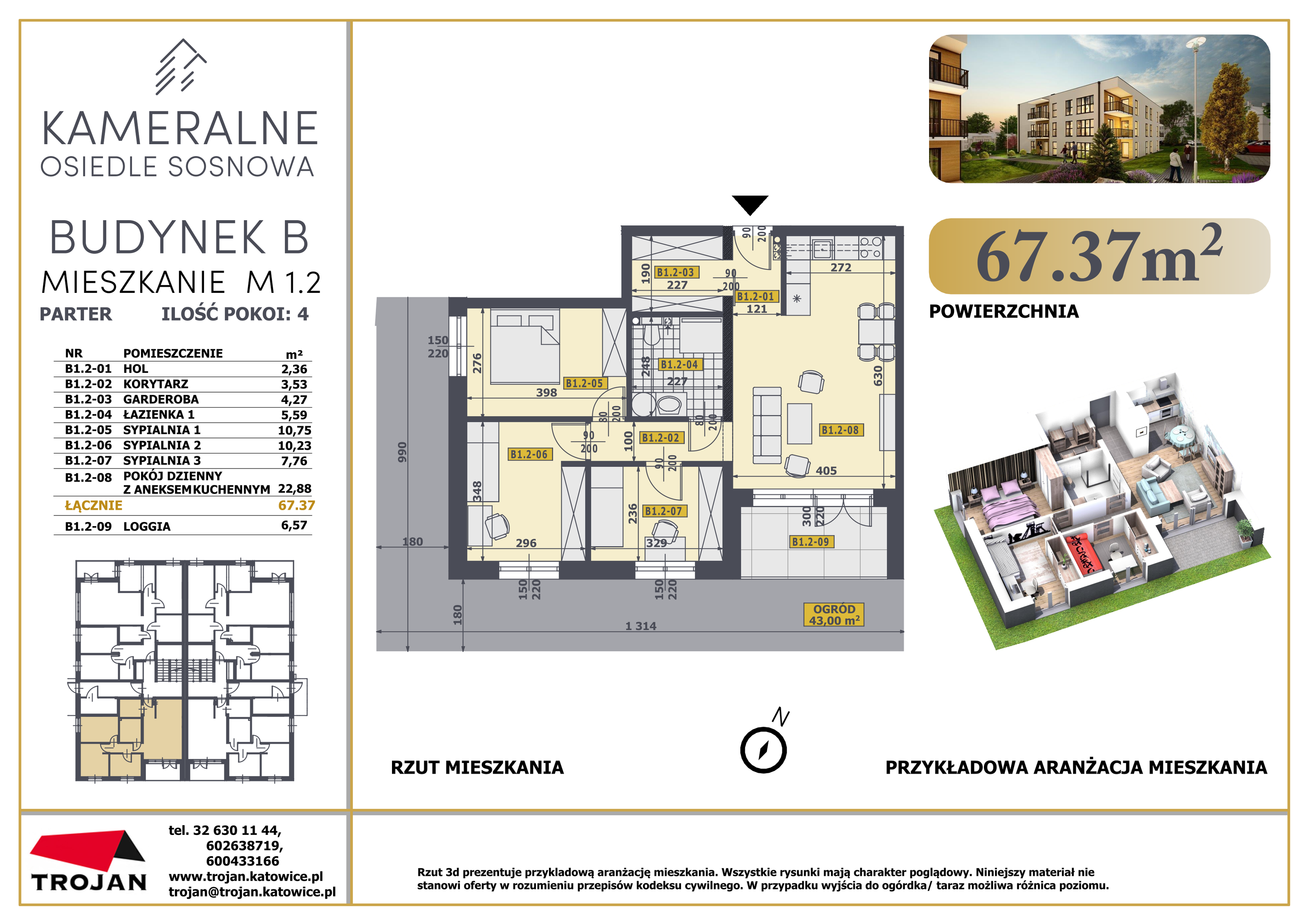 Mieszkanie 67,37 m², parter, oferta nr B1.2, Osiedle Sosnowa Budynek B-C, Rybnik, Paruszowiec-Piaski, ul. Sosnowa 20-idx