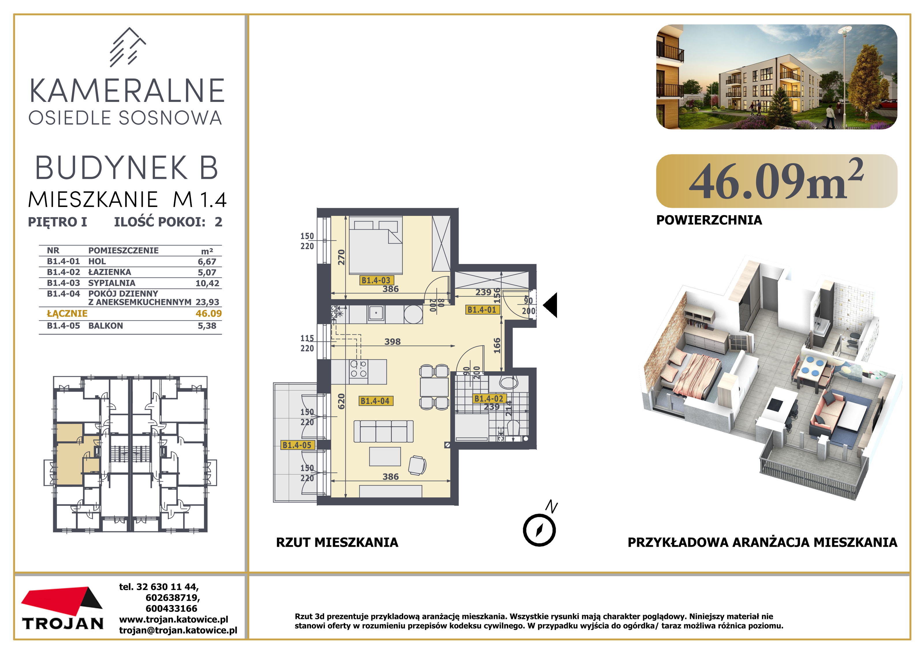 Mieszkanie 46,09 m², piętro 1, oferta nr B1.4, Osiedle Sosnowa Budynek B-C, Rybnik, Paruszowiec-Piaski, ul. Sosnowa 20-idx