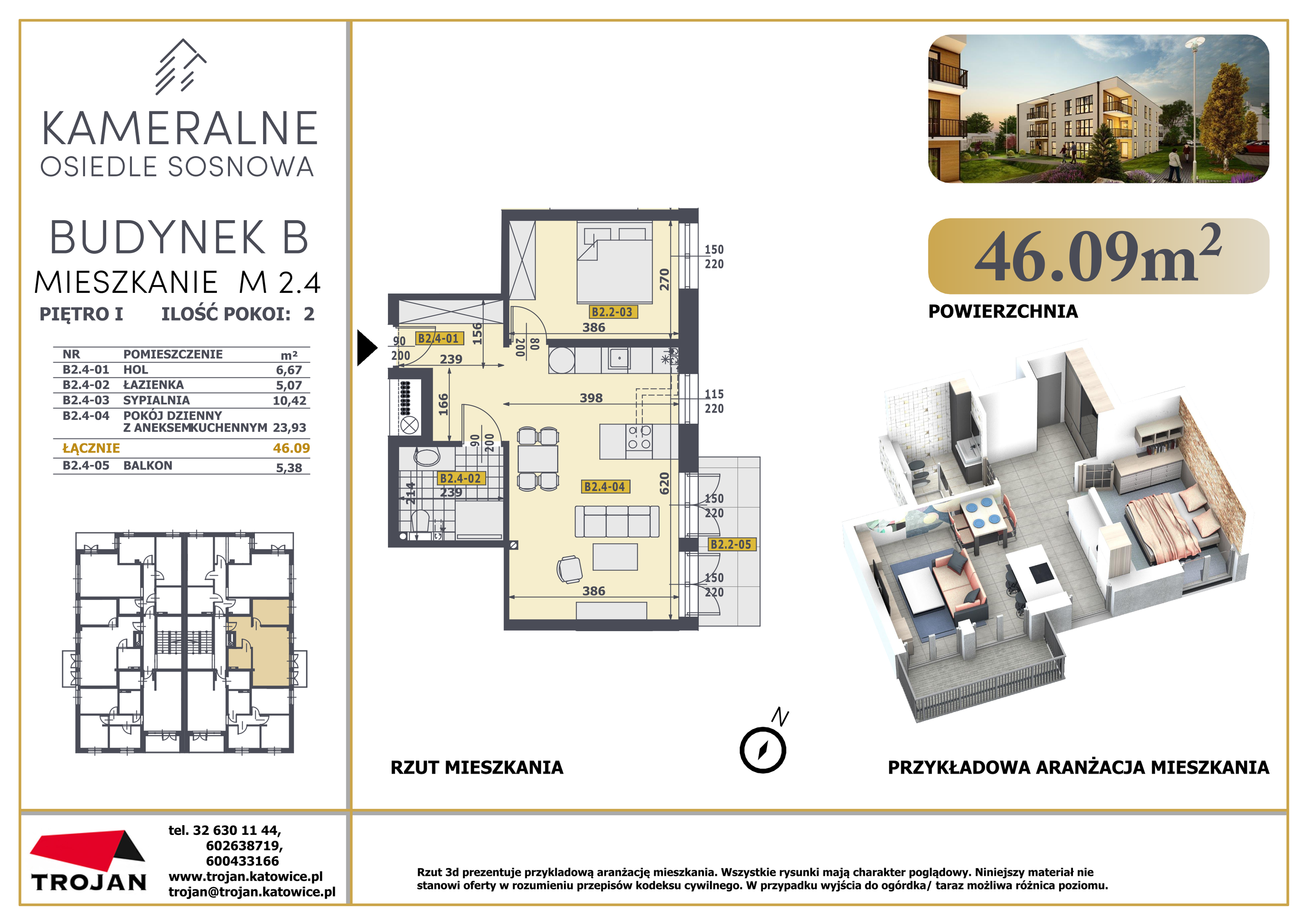 Mieszkanie 46,09 m², piętro 1, oferta nr B2.4, Osiedle Sosnowa Budynek B-C, Rybnik, Paruszowiec-Piaski, ul. Sosnowa 20-idx