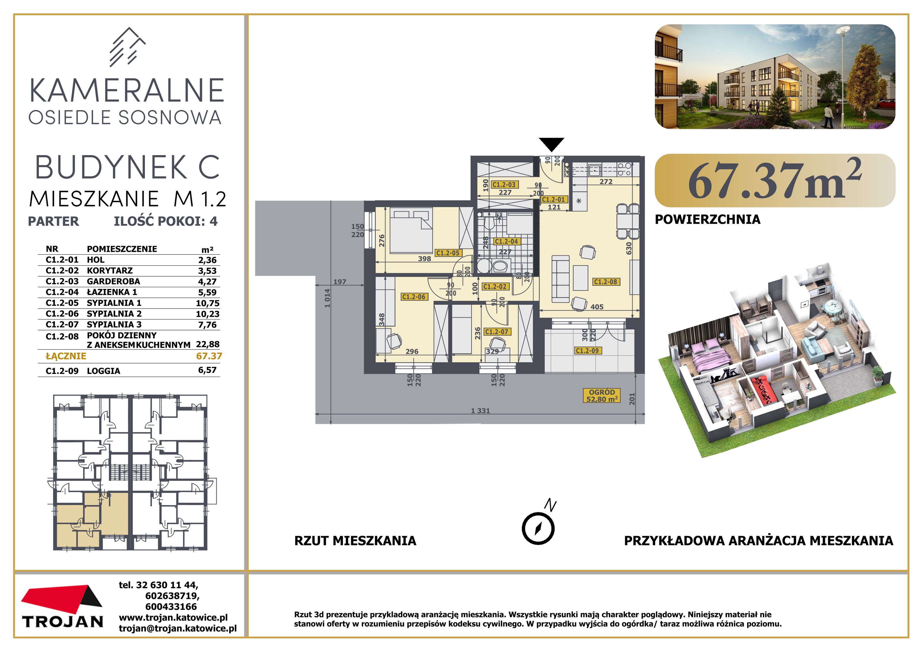 Mieszkanie 67,37 m², parter, oferta nr C1.2, Osiedle Sosnowa Budynek B-C, Rybnik, Paruszowiec-Piaski, ul. Sosnowa 20-idx