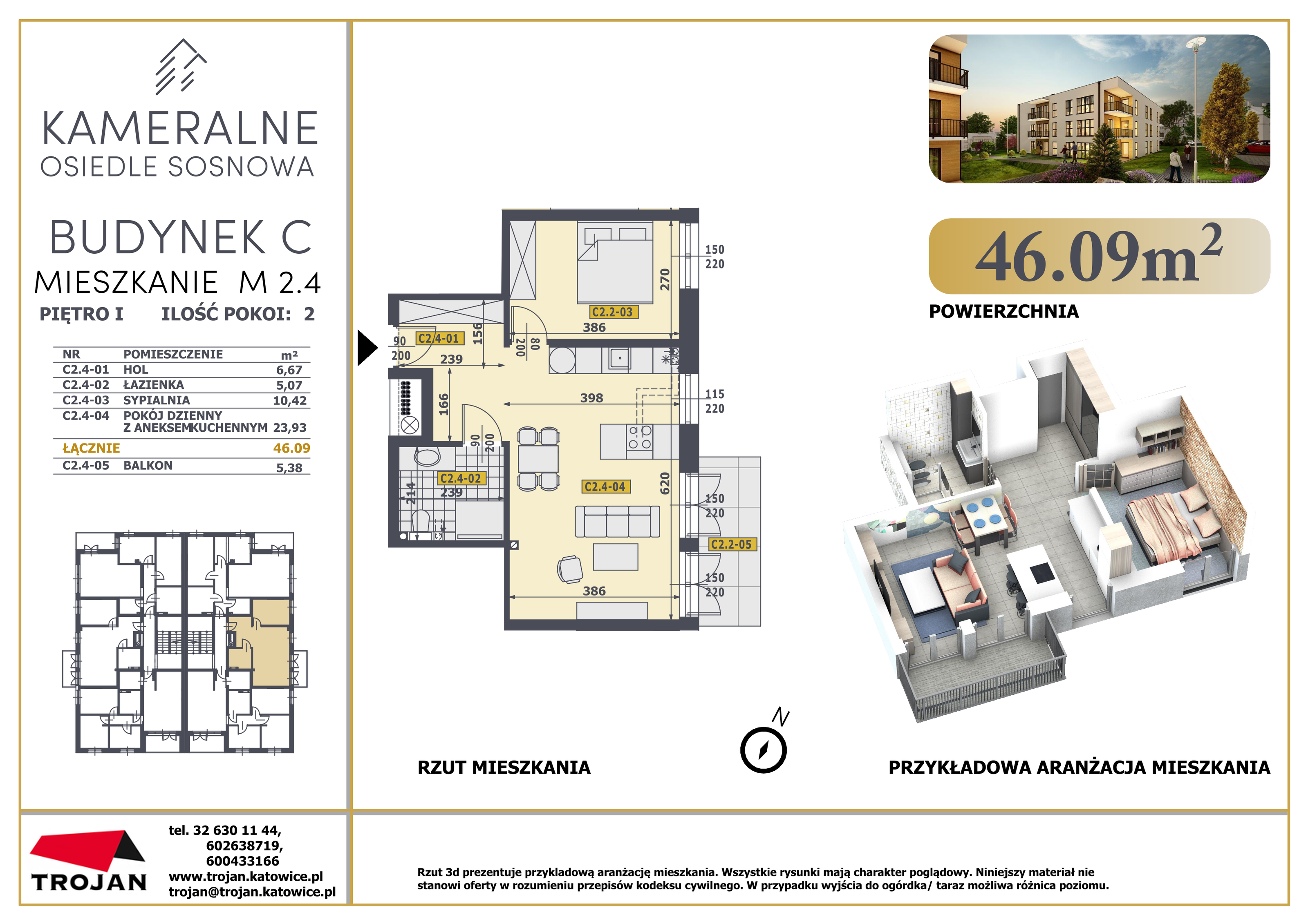 Mieszkanie 46,09 m², piętro 1, oferta nr C2.4, Osiedle Sosnowa Budynek B-C, Rybnik, Paruszowiec-Piaski, ul. Sosnowa 20-idx