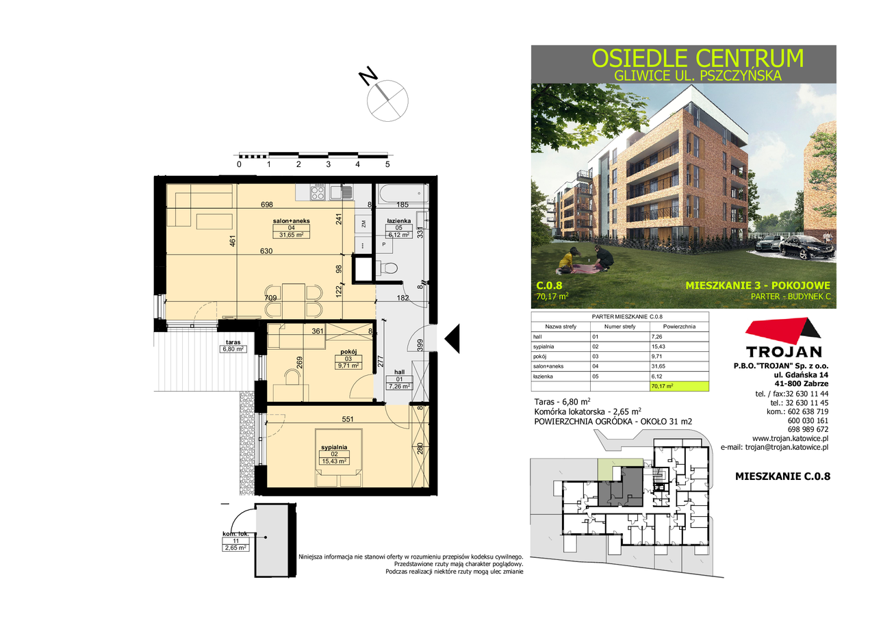 Mieszkanie 68,82 m², parter, oferta nr C.0.8, Osiedle Centrum, Gliwice, Śródmieście, ul. Pszczyńska 57-idx