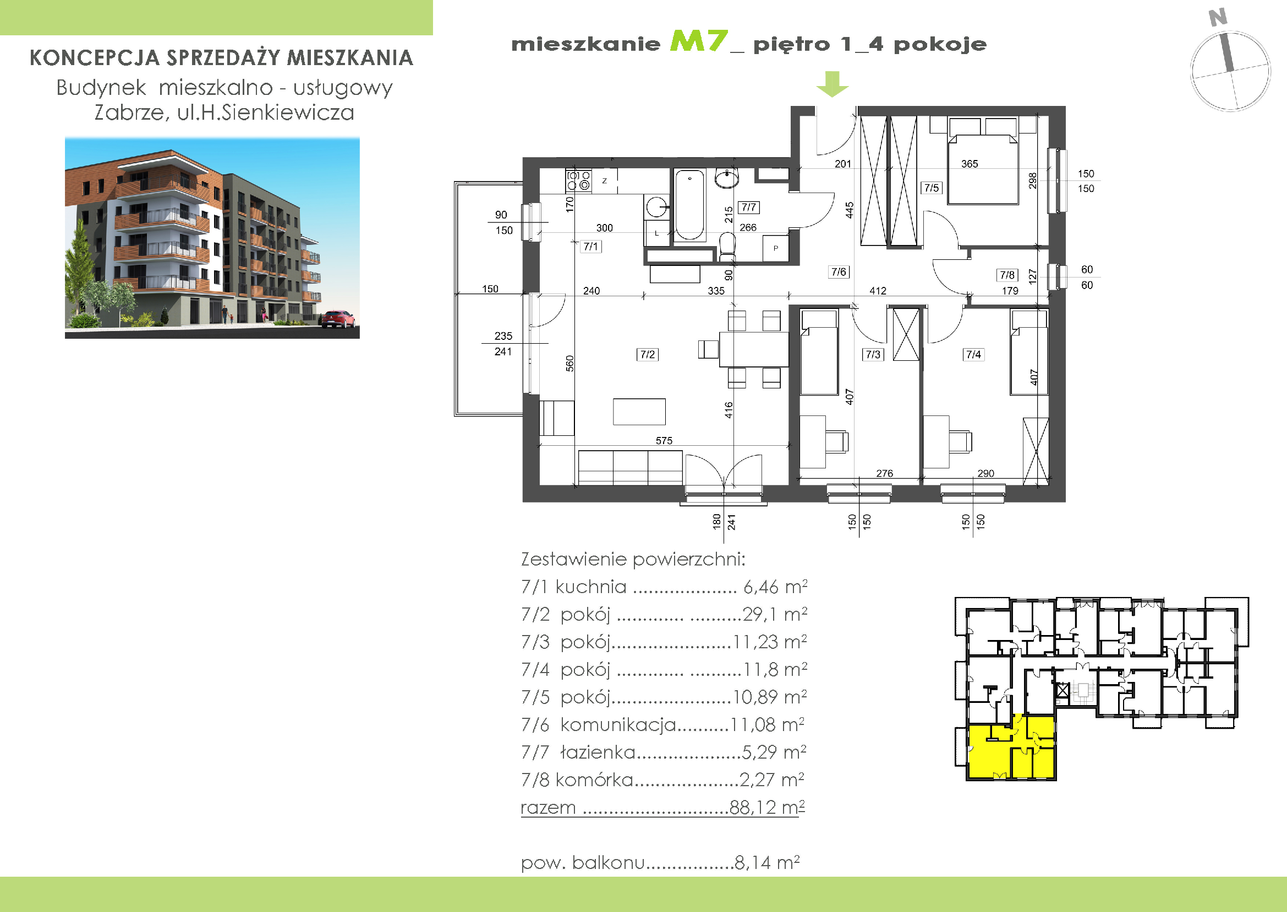 Mieszkanie 88,86 m², piętro 1, oferta nr 7, Zabrze, ul Sienkiewicza, Zabrze, Centrum Północ, ul. Sienkiewicza-idx