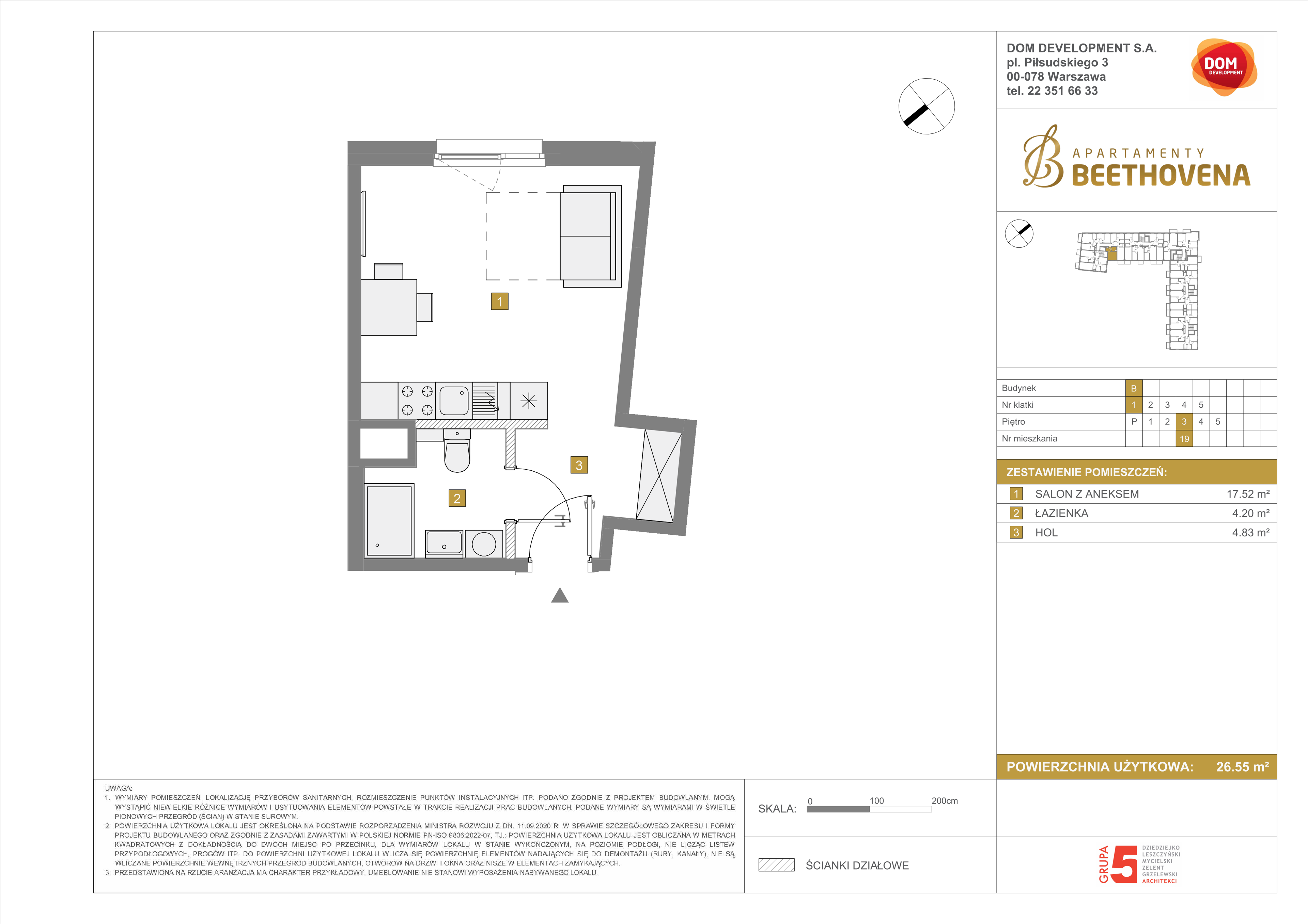 Mieszkanie 26,55 m², piętro 3, oferta nr B/19, Apartamenty Beethovena, Warszawa, Mokotów, Sielce, ul. Dziekońskiego 4-idx