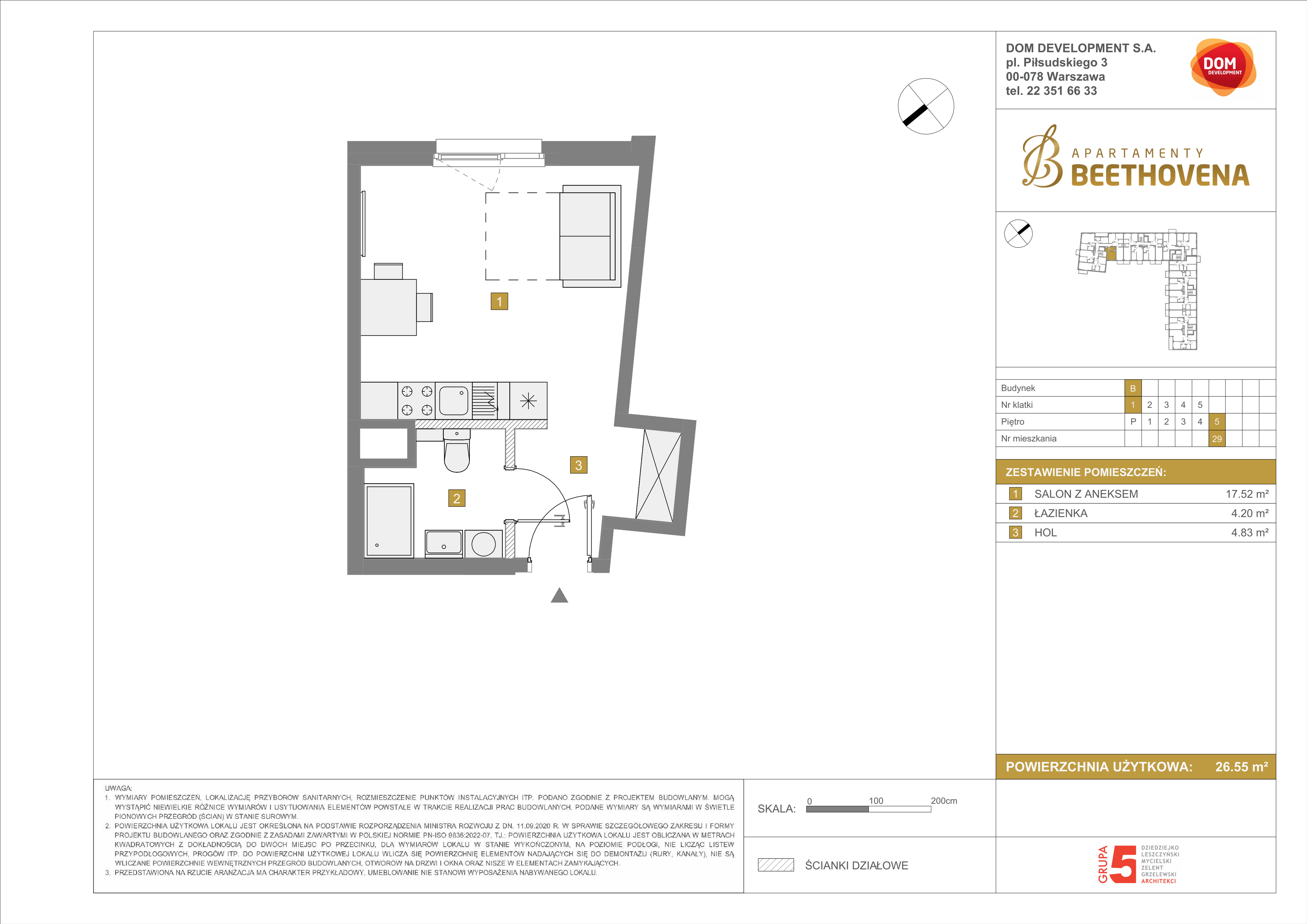 Mieszkanie 26,55 m², piętro 5, oferta nr B/29, Apartamenty Beethovena, Warszawa, Mokotów, Sielce, ul. Dziekońskiego 4-idx