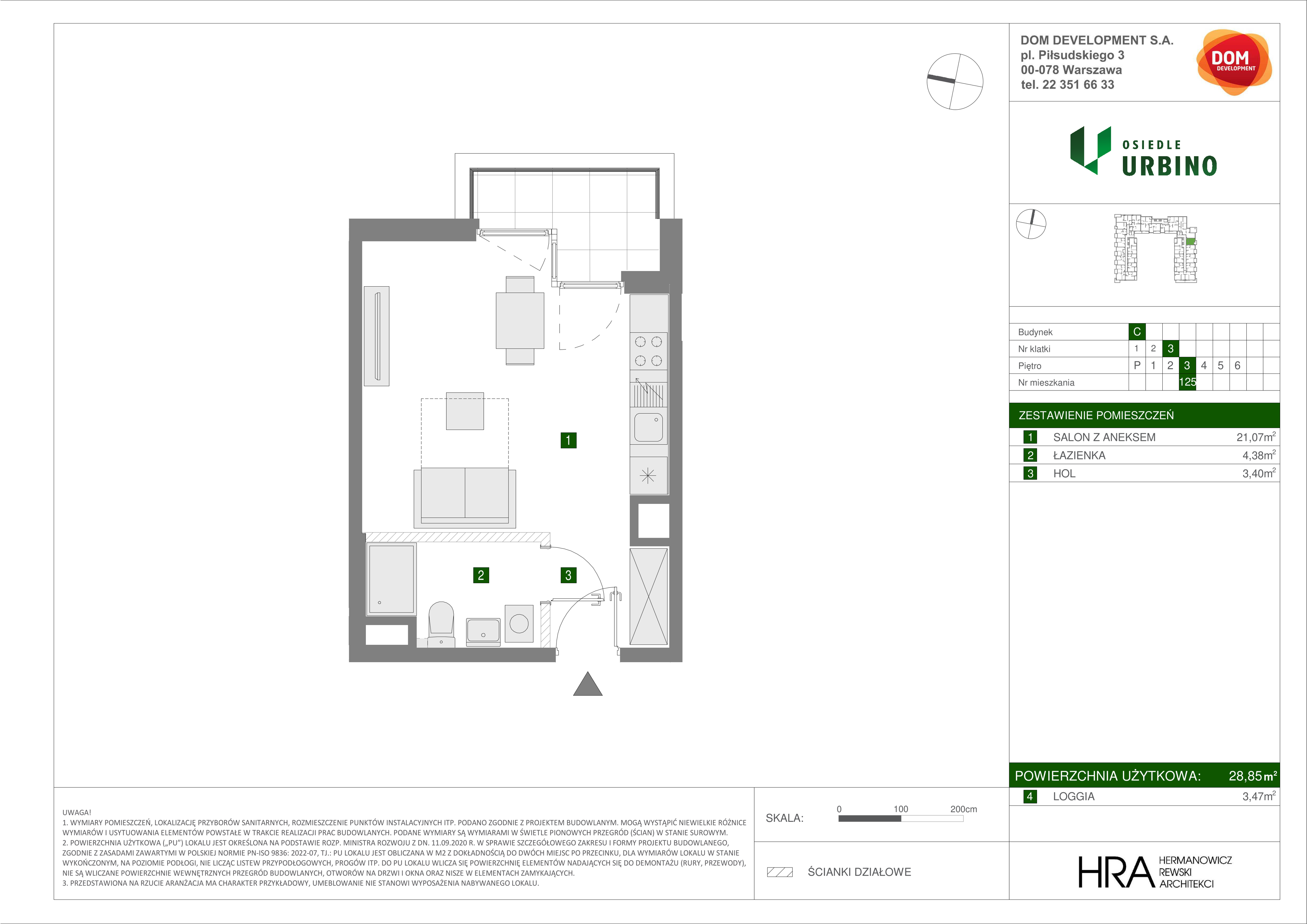 Mieszkanie 28,85 m², piętro 3, oferta nr C/125, Osiedle Urbino 1.3, Warszawa, Włochy, Raków, ul. Równoległa 16-idx