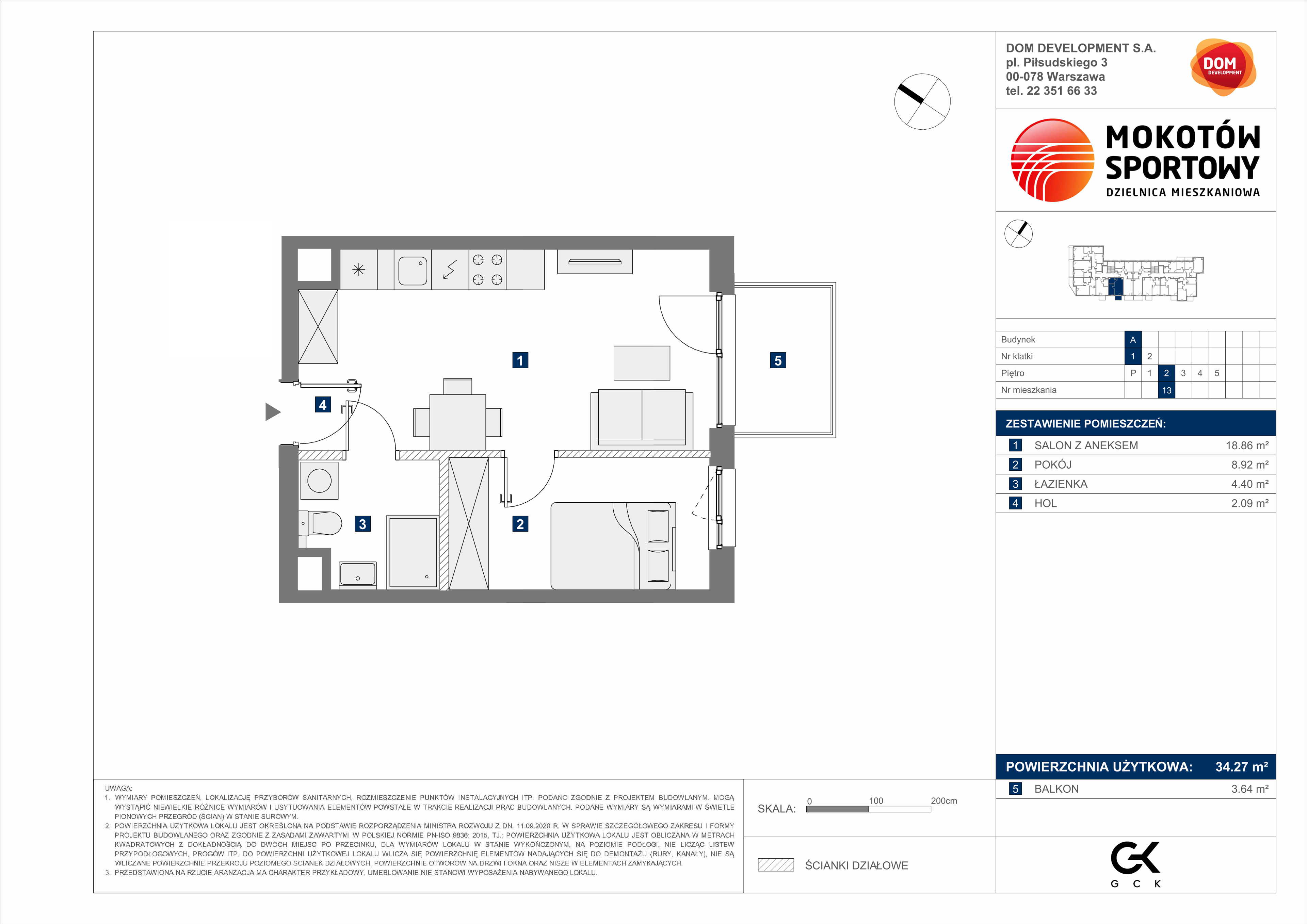 Mieszkanie 34,27 m², piętro 2, oferta nr A/13, Mokotów Sportowy, Warszawa, Mokotów, Augustówka, ul. Antoniewska 6-idx