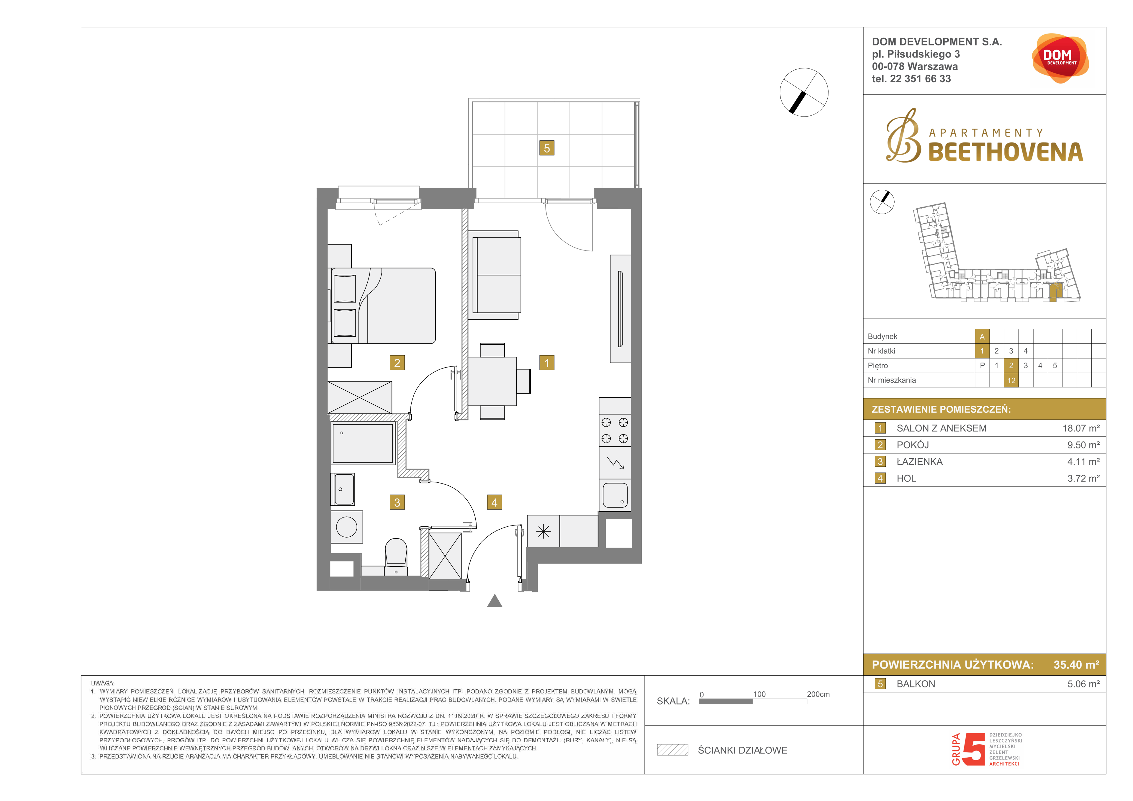 Mieszkanie 35,40 m², piętro 2, oferta nr A/12, Apartamenty Beethovena, Warszawa, Mokotów, Sielce, ul. Dziekońskiego 4-idx