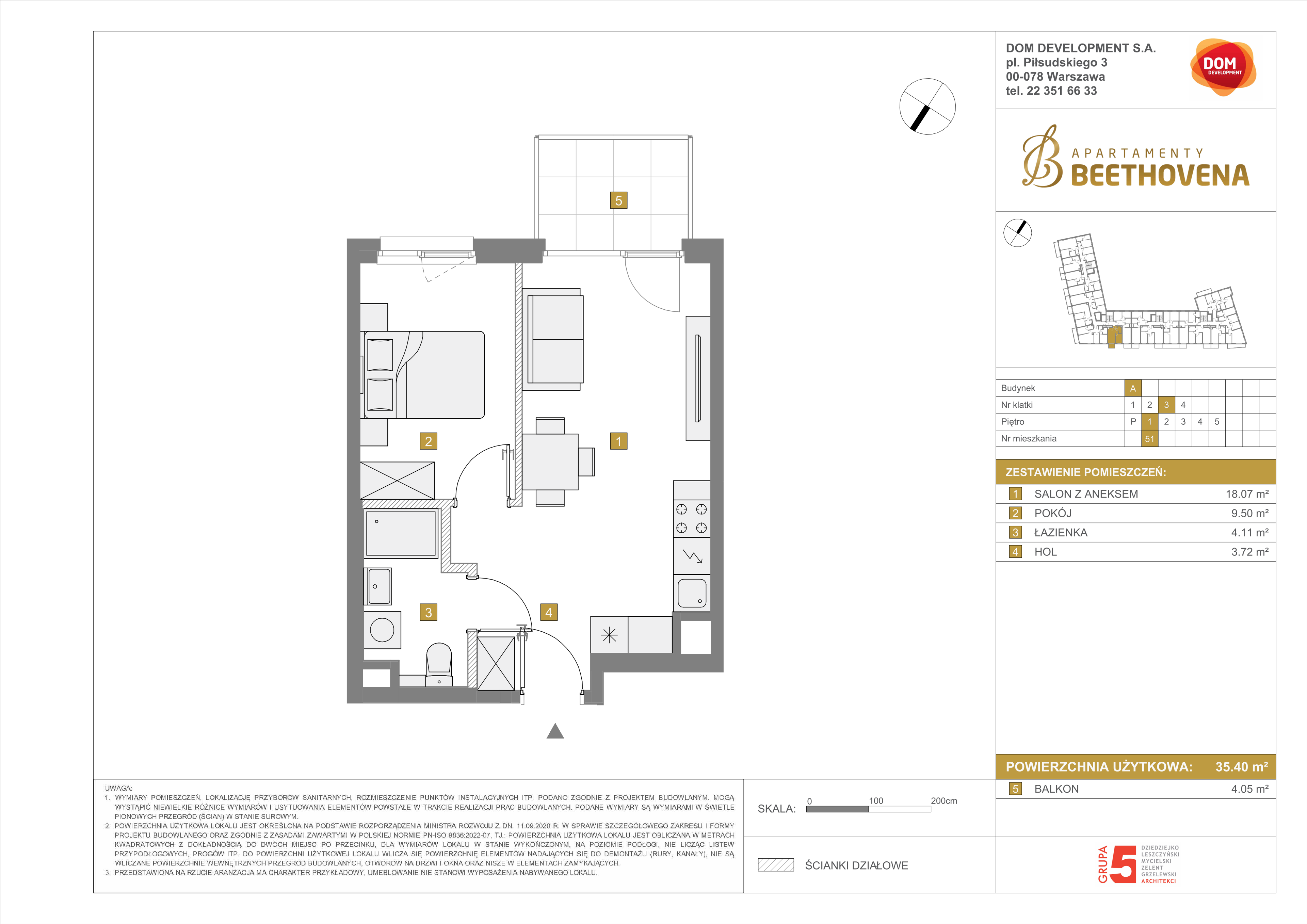 Mieszkanie 35,40 m², piętro 1, oferta nr A/51, Apartamenty Beethovena, Warszawa, Mokotów, Sielce, ul. Dziekońskiego 4-idx