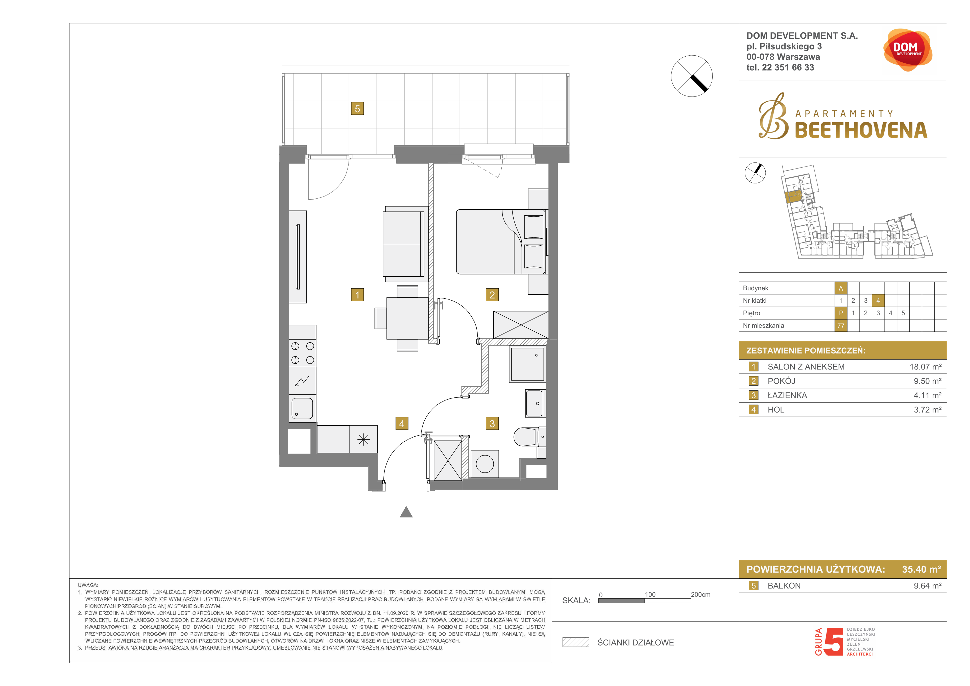 Mieszkanie 35,40 m², parter, oferta nr A/77, Apartamenty Beethovena, Warszawa, Mokotów, Sielce, ul. Dziekońskiego 4-idx