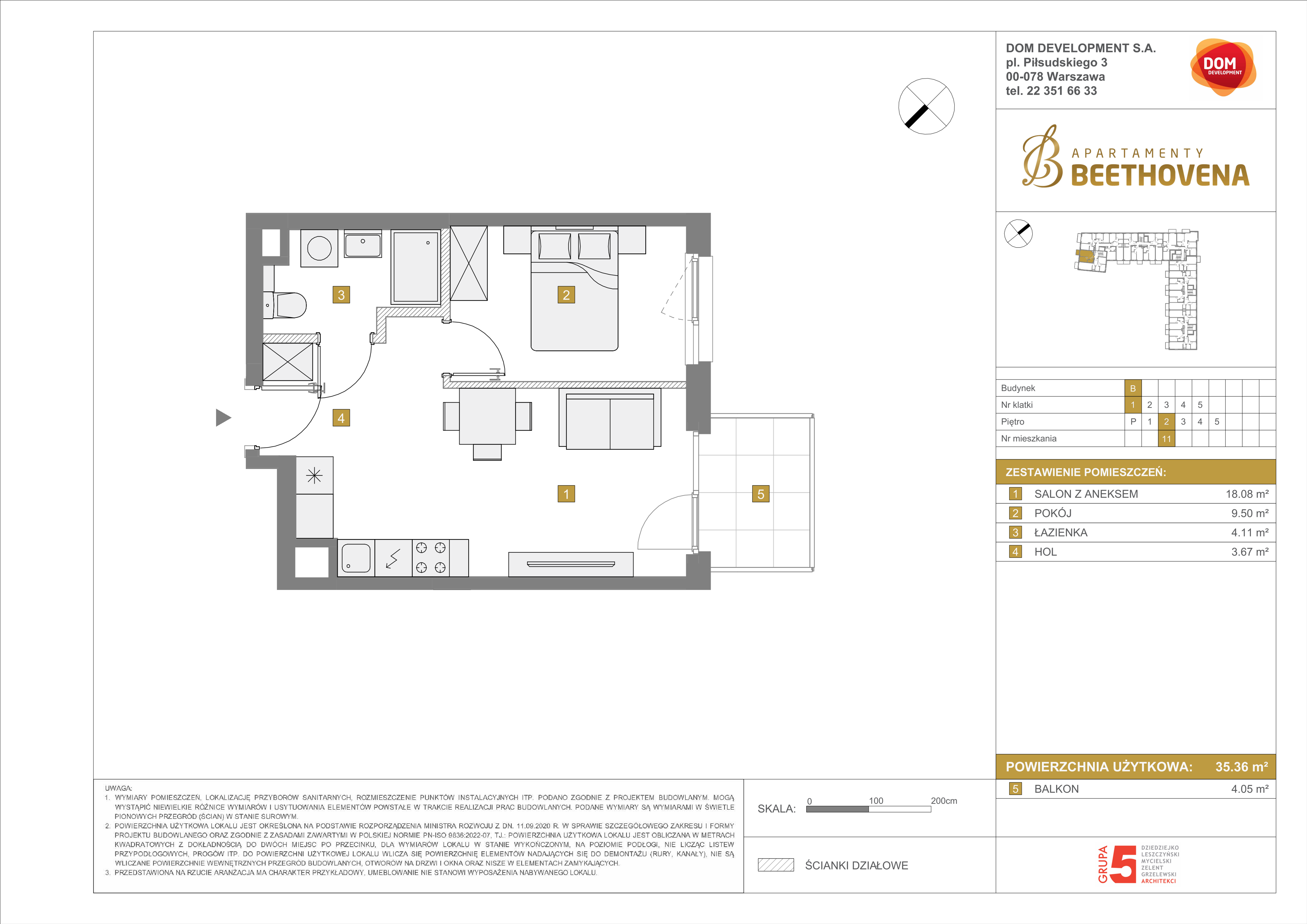 Mieszkanie 35,36 m², piętro 2, oferta nr B/11, Apartamenty Beethovena, Warszawa, Mokotów, Sielce, ul. Dziekońskiego 4-idx