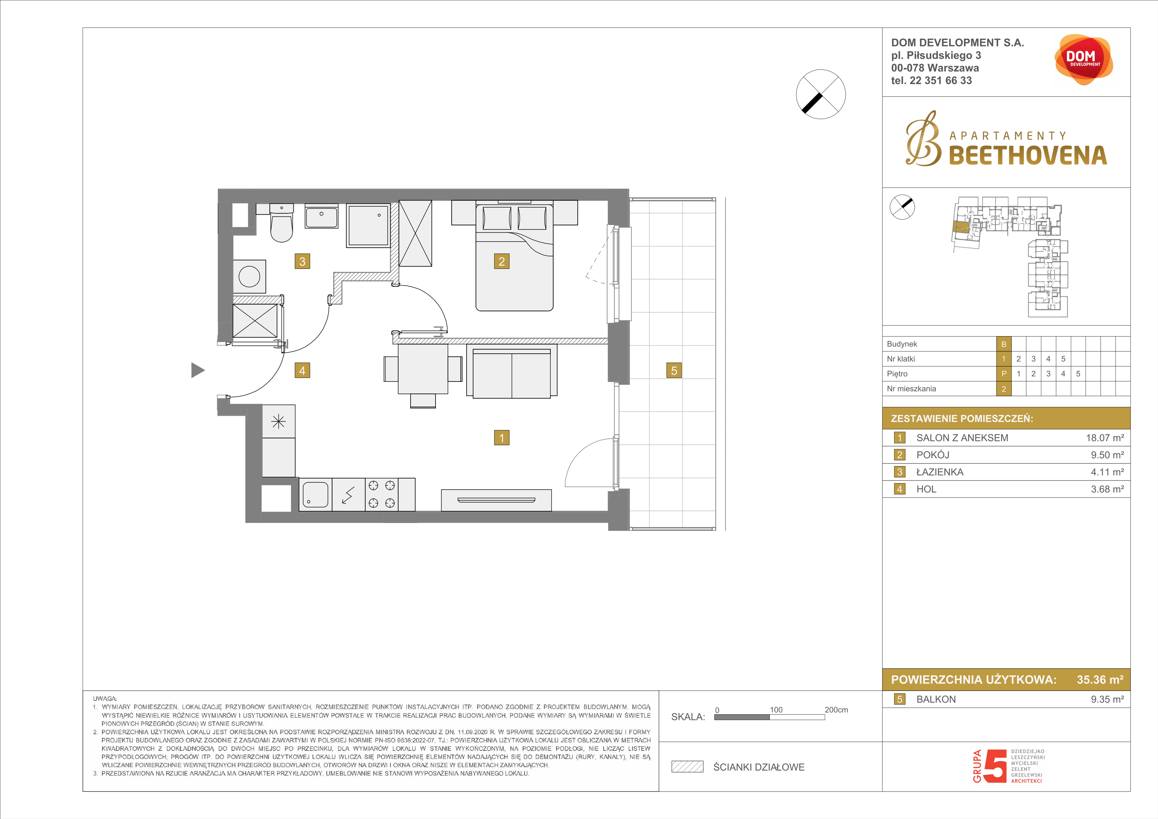 Mieszkanie 35,36 m², parter, oferta nr B/2, Apartamenty Beethovena, Warszawa, Mokotów, Sielce, ul. Dziekońskiego 4-idx