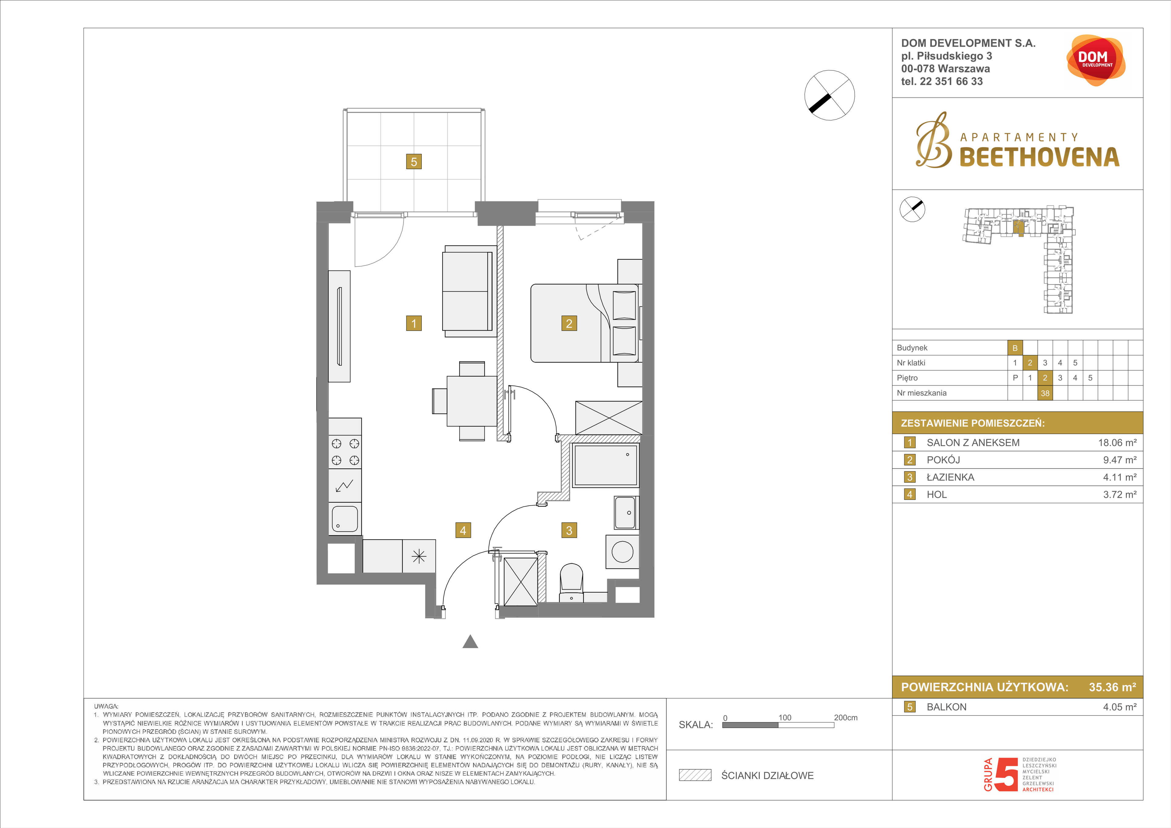 Mieszkanie 35,36 m², piętro 2, oferta nr B/38, Apartamenty Beethovena, Warszawa, Mokotów, Sielce, ul. Dziekońskiego 4-idx