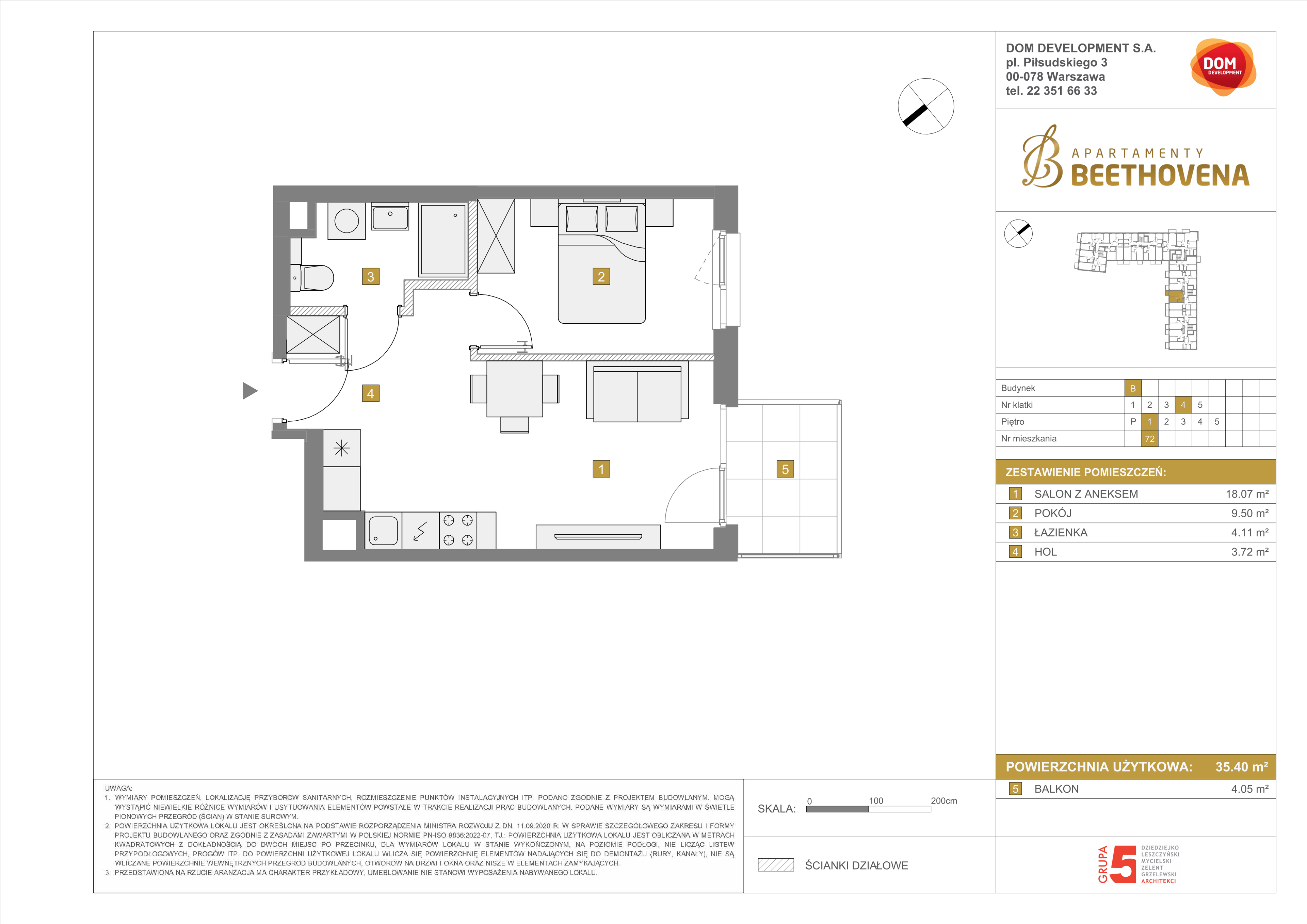 Mieszkanie 35,40 m², piętro 1, oferta nr B/72, Apartamenty Beethovena, Warszawa, Mokotów, Sielce, ul. Dziekońskiego 4-idx