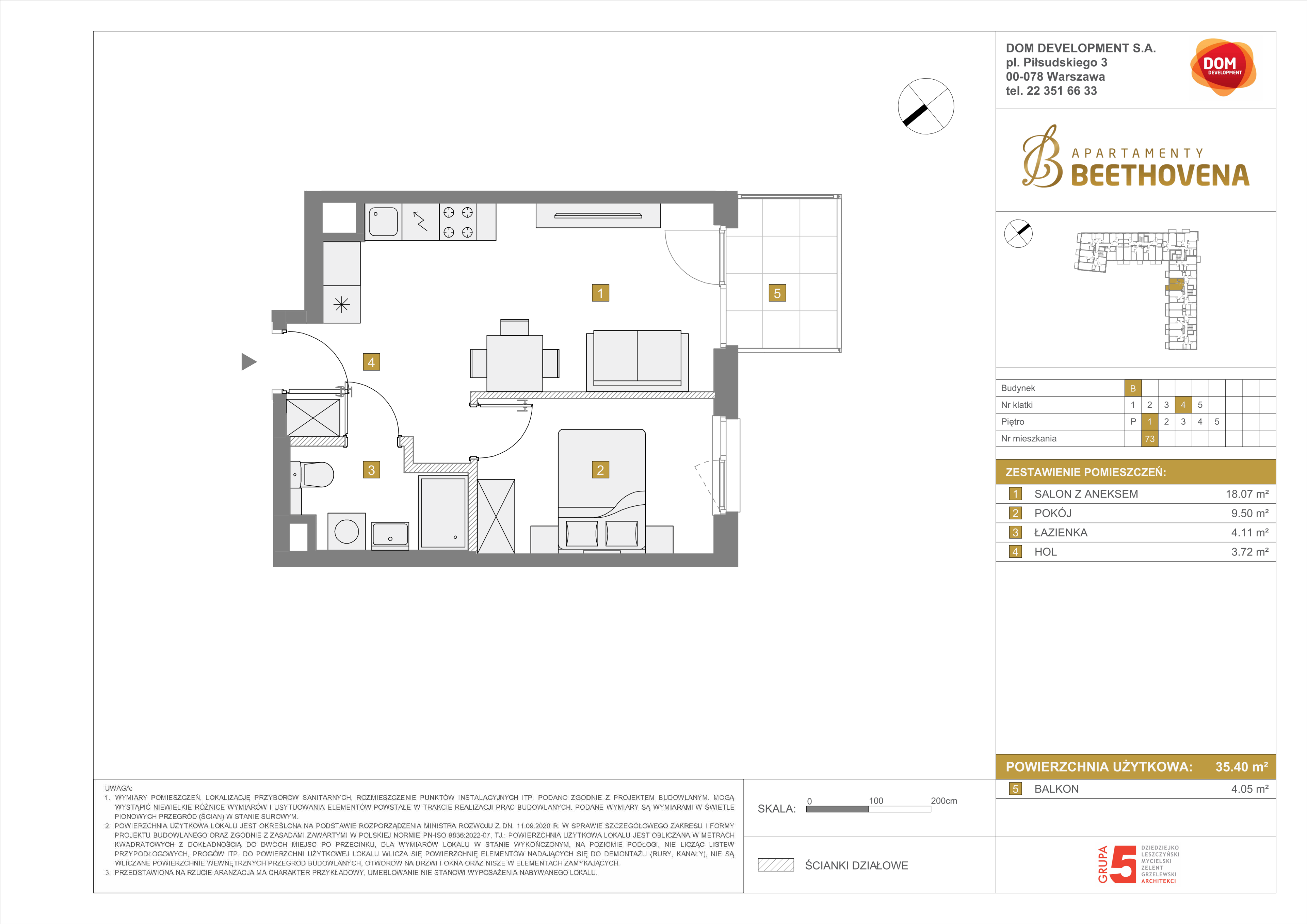 Mieszkanie 35,40 m², piętro 1, oferta nr B/73, Apartamenty Beethovena, Warszawa, Mokotów, Sielce, ul. Dziekońskiego 4-idx