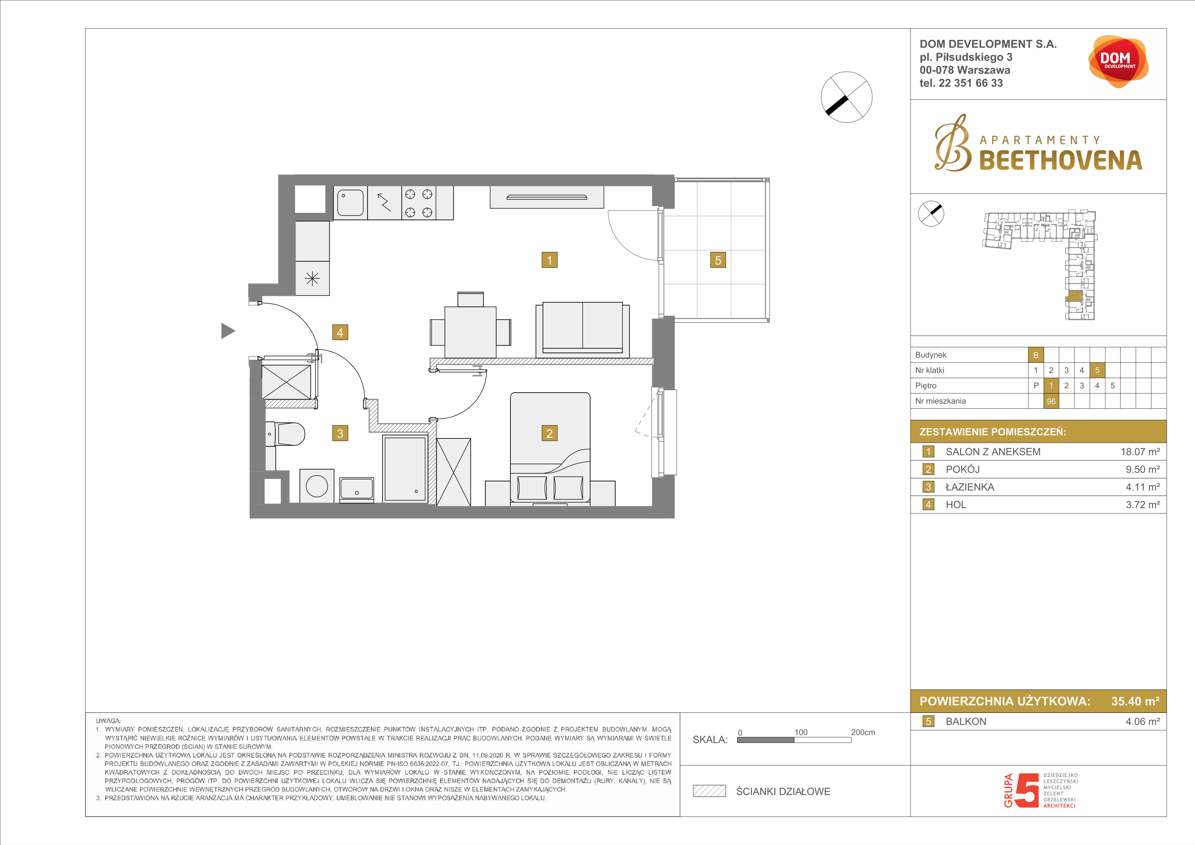 Mieszkanie 35,40 m², piętro 1, oferta nr B/96, Apartamenty Beethovena, Warszawa, Mokotów, Sielce, ul. Dziekońskiego 4-idx