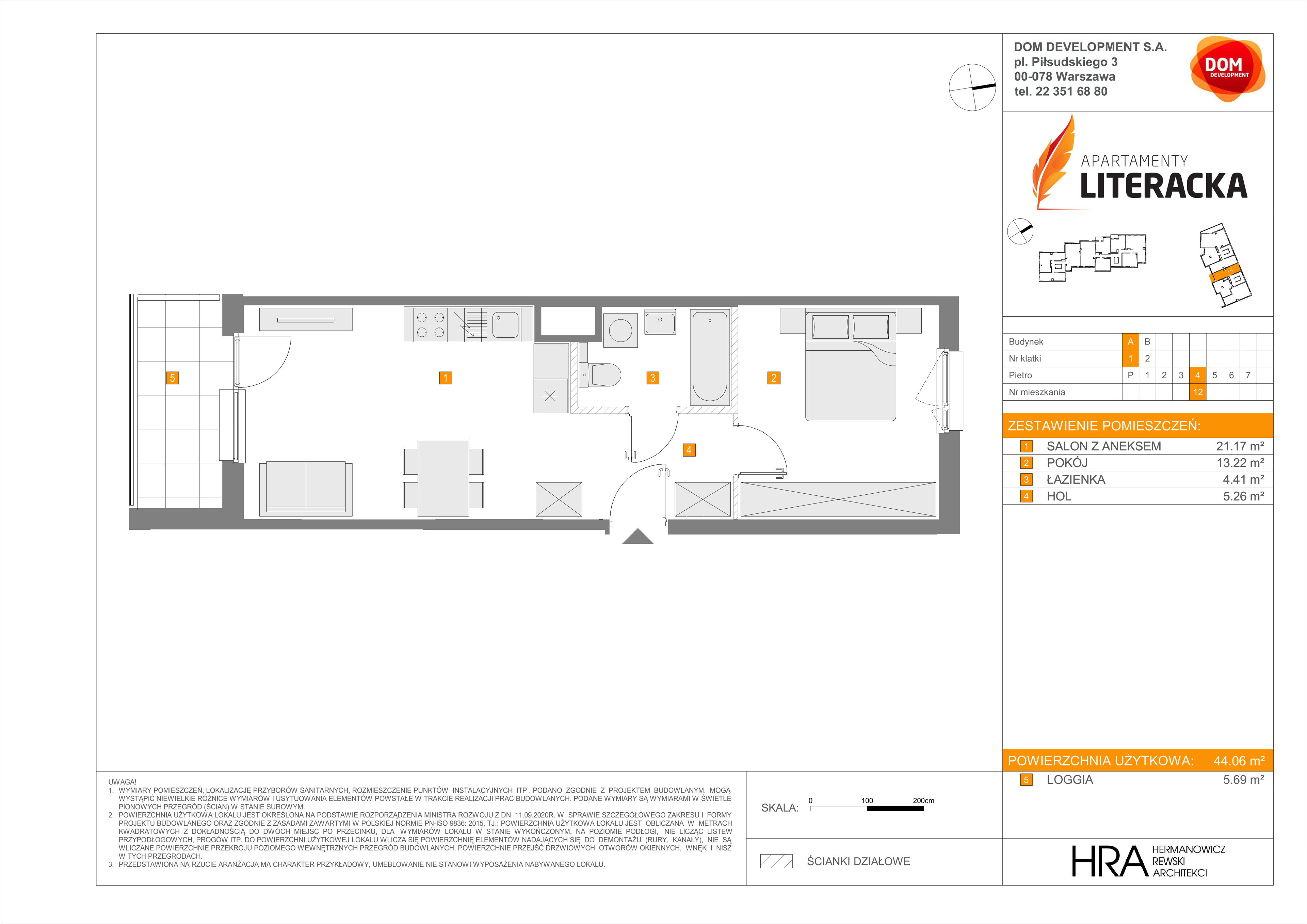 Mieszkanie 44,06 m², piętro 4, oferta nr A/12, Apartamenty Literacka, Warszawa, Bielany, Piaski, ul. Literacka-idx