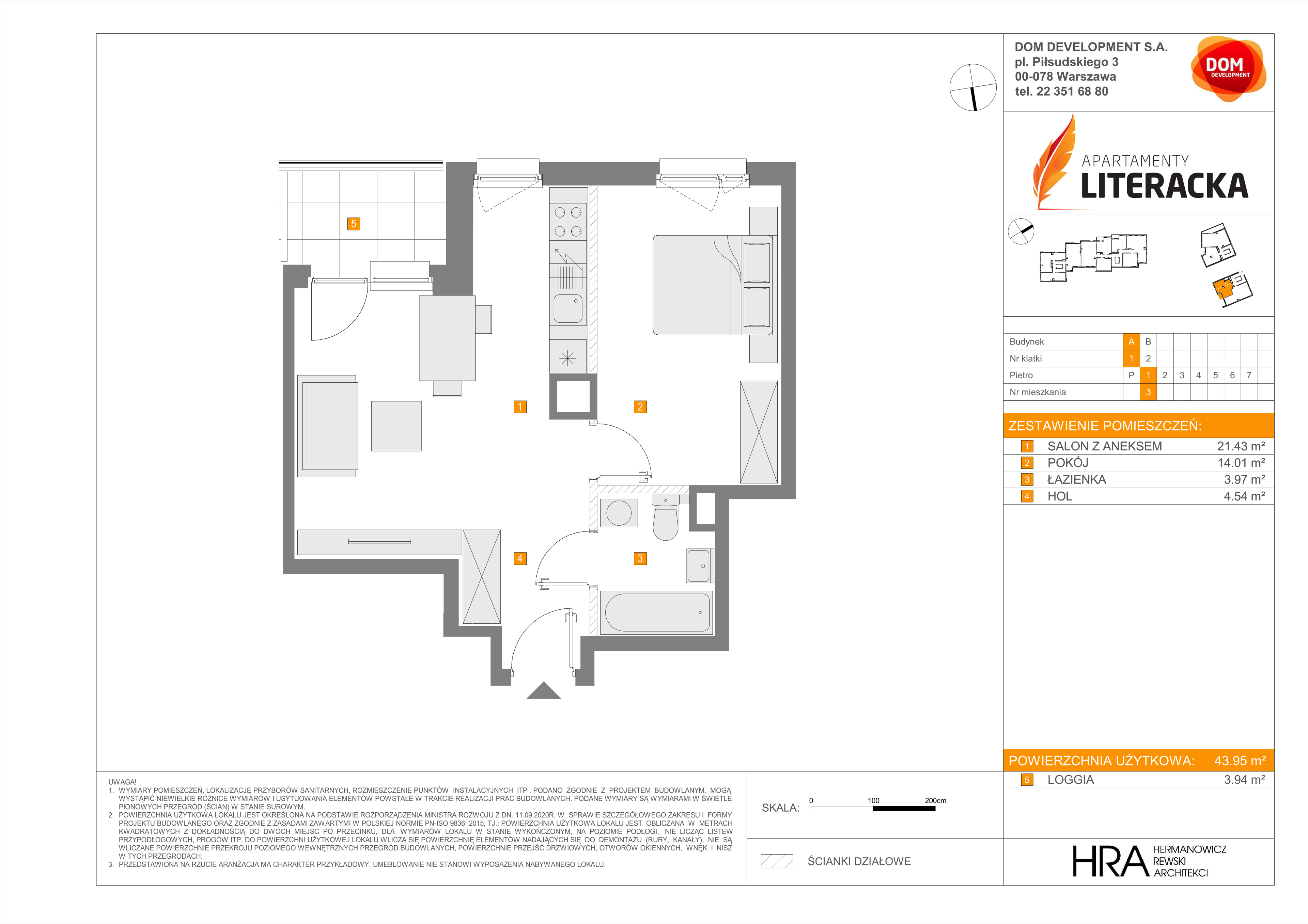 Mieszkanie 43,95 m², piętro 1, oferta nr A/3, Apartamenty Literacka, Warszawa, Bielany, Piaski, ul. Literacka-idx