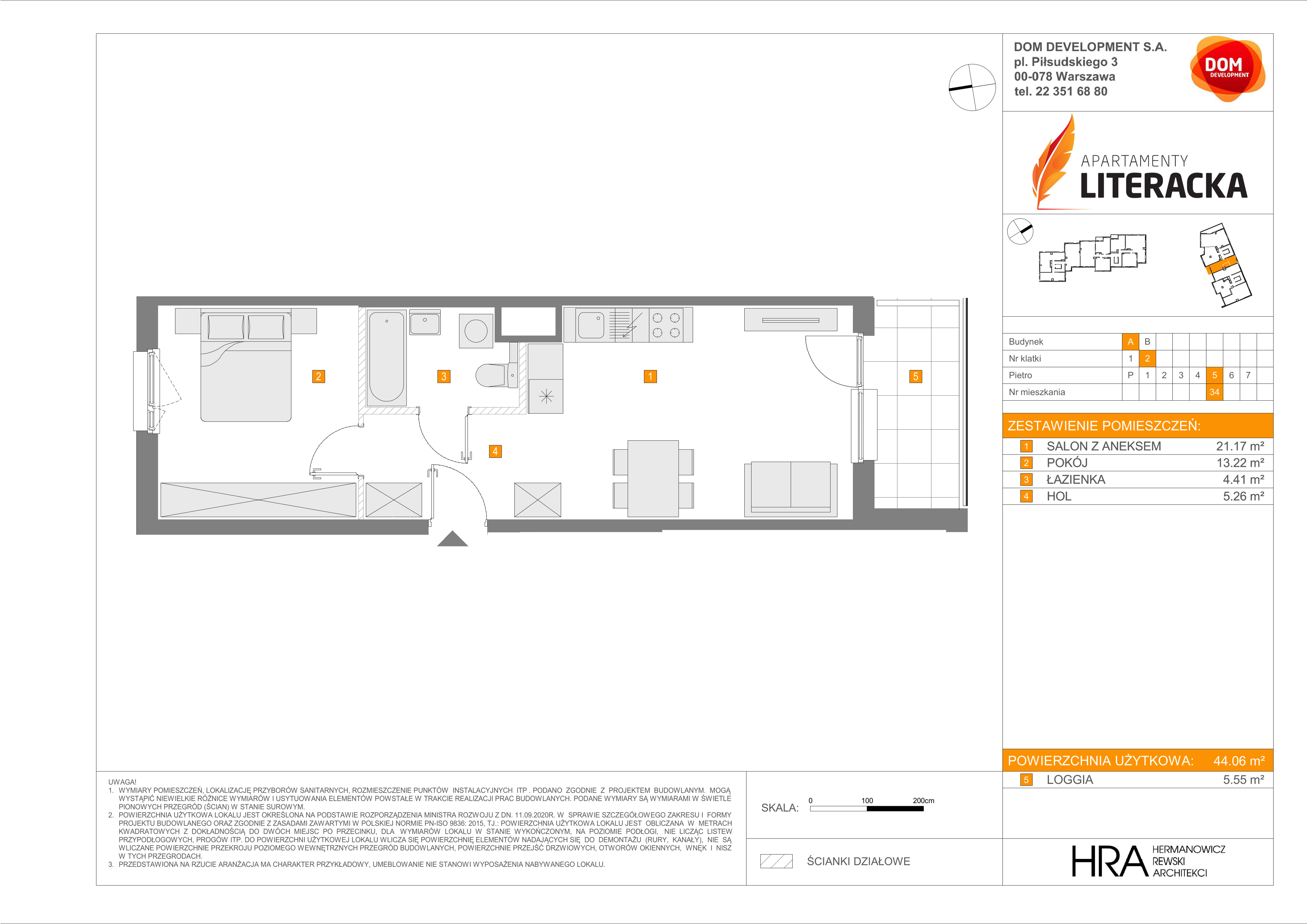 Mieszkanie 44,06 m², piętro 5, oferta nr A/34, Apartamenty Literacka, Warszawa, Bielany, Piaski, ul. Literacka-idx