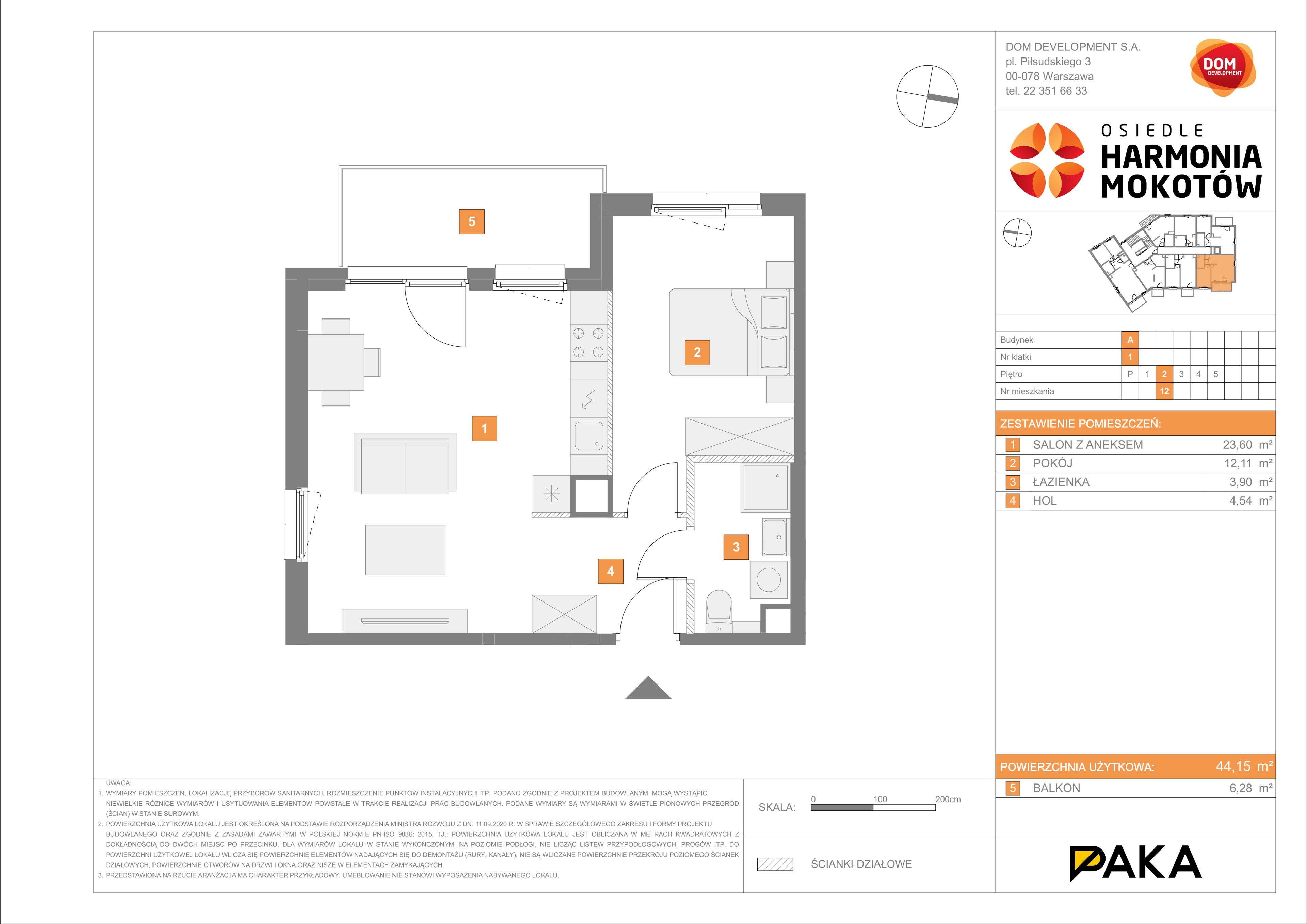 Mieszkanie 44,15 m², piętro 2, oferta nr A/12, Harmonia Mokotów, Warszawa, Mokotów, Siekierki, al. Polski Walczącej / Józefa Becka-idx