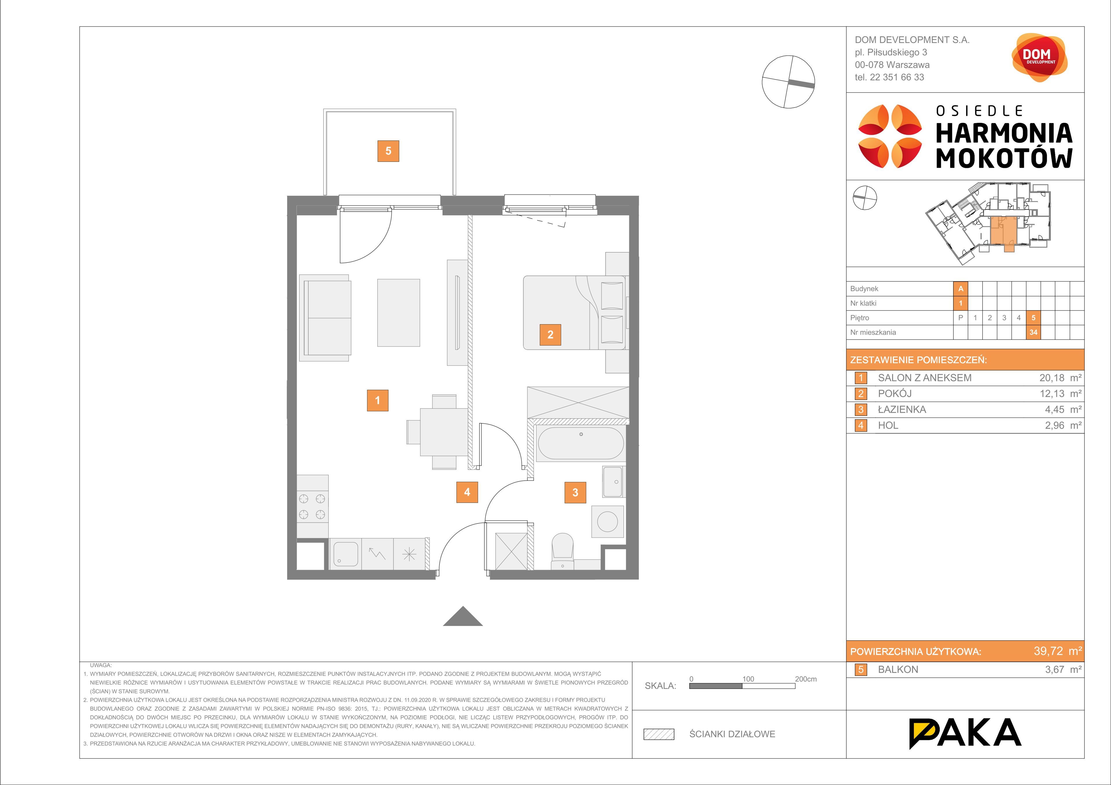 Mieszkanie 39,72 m², piętro 5, oferta nr A/34, Harmonia Mokotów, Warszawa, Mokotów, Siekierki, al. Polski Walczącej / Józefa Becka-idx